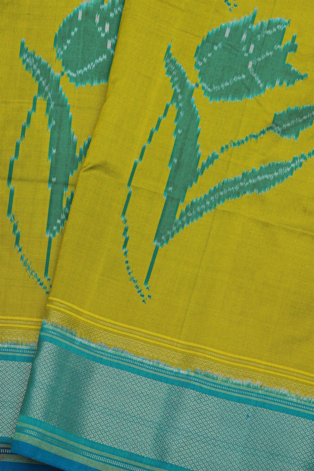 Pochampally Ikat Silk Mehendi Green Saree With Floral Body And Ikat Butti Pallu