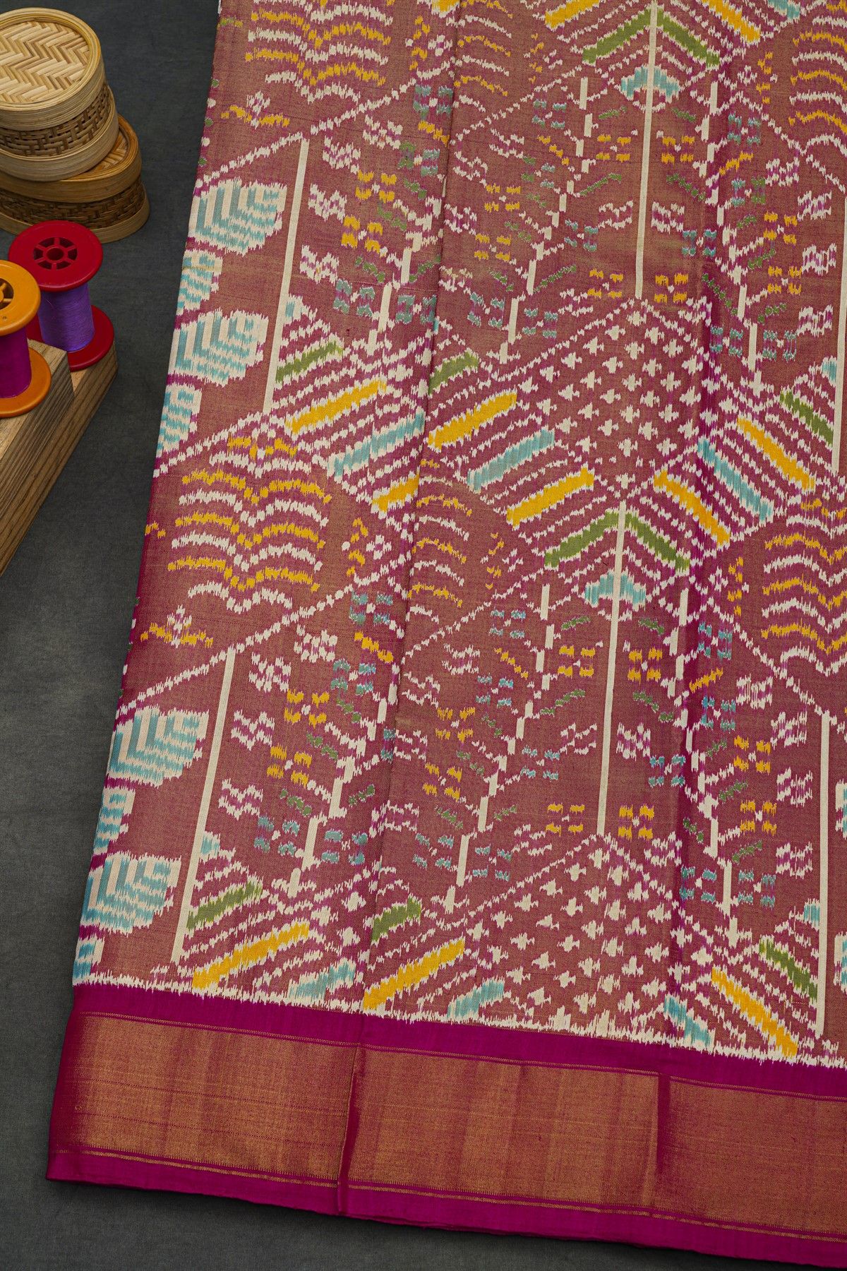 Pochampally Ikat Silk Rust Red Saree With Floral And Leaf Body