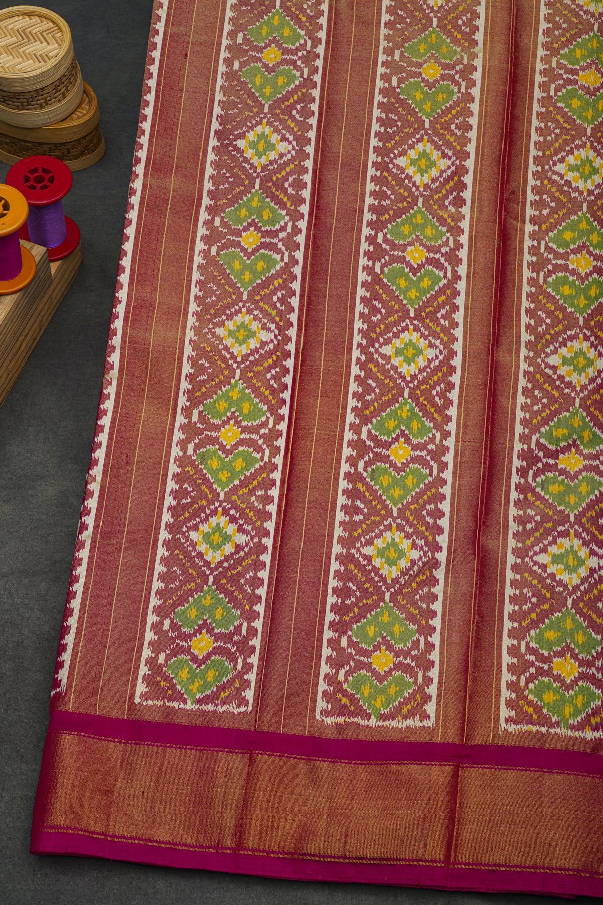 Pochampally Ikat Silk Rust Red Saree With Floral And Leaf Body