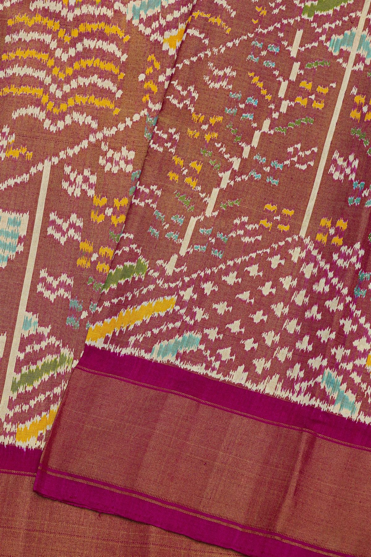 Pochampally Ikat Silk Rust Red Saree With Floral And Leaf Body