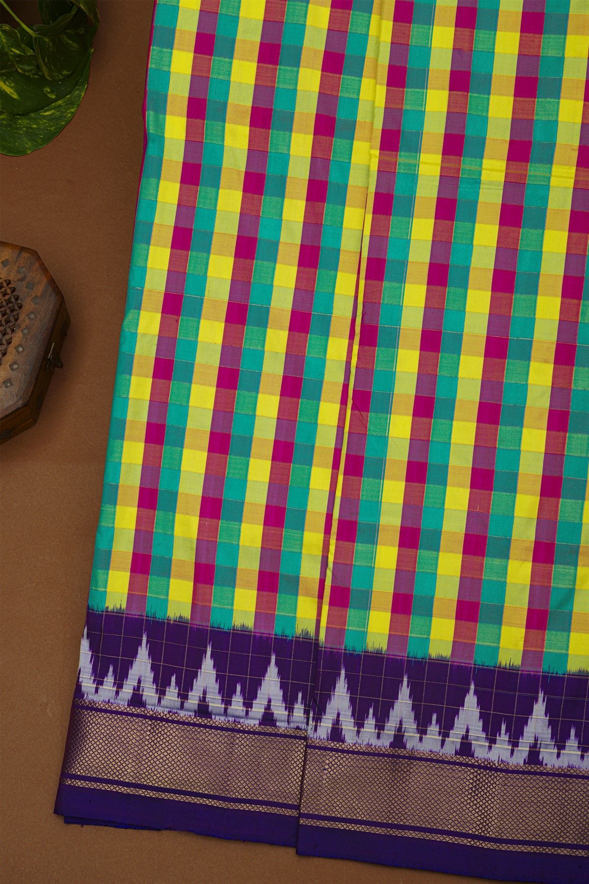 Ikat Silk Multi-Colour Saree With Diamonds And Zig-Zag Lines Border