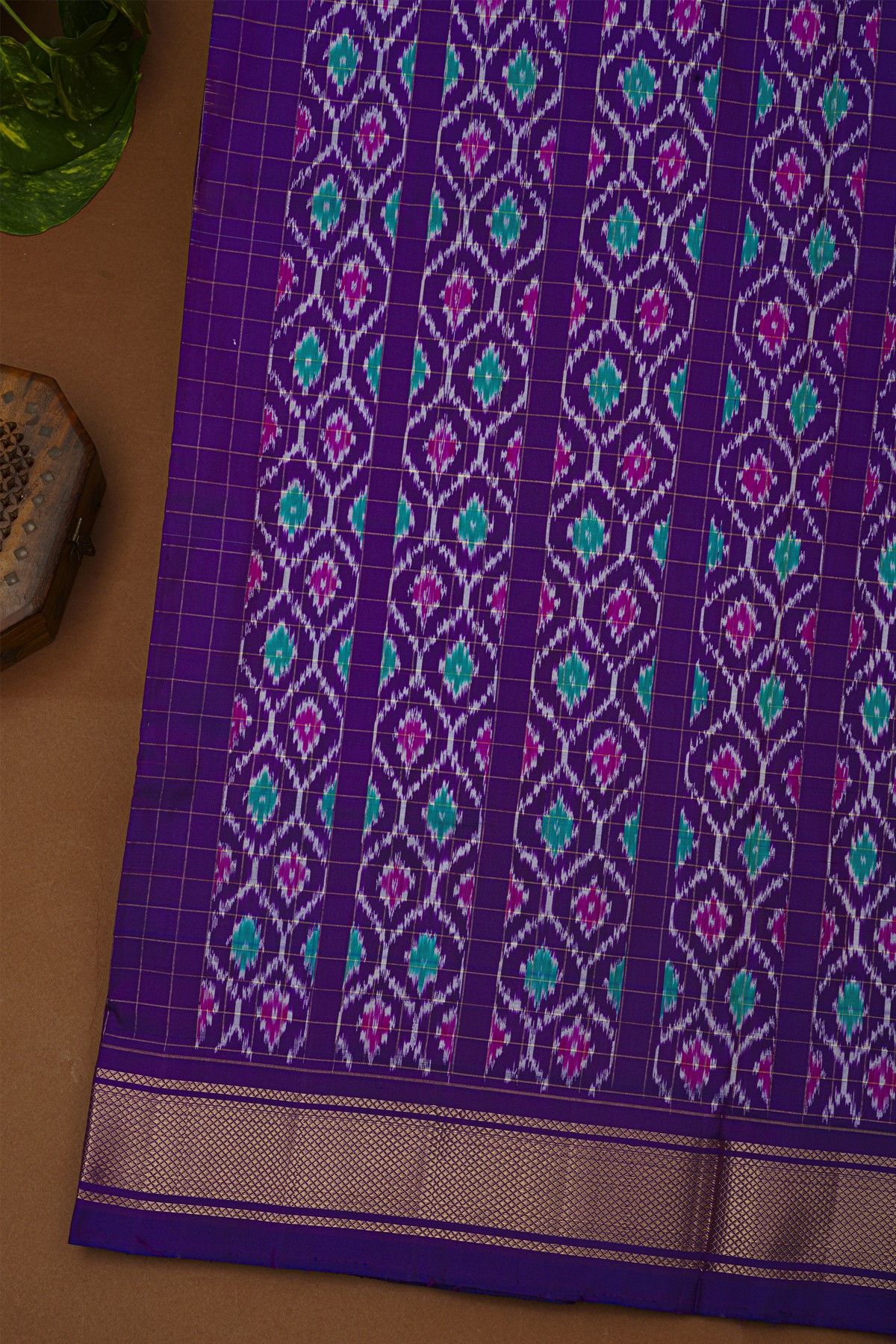 Ikat Silk Multi-Colour Saree With Diamonds And Zig-Zag Lines Border