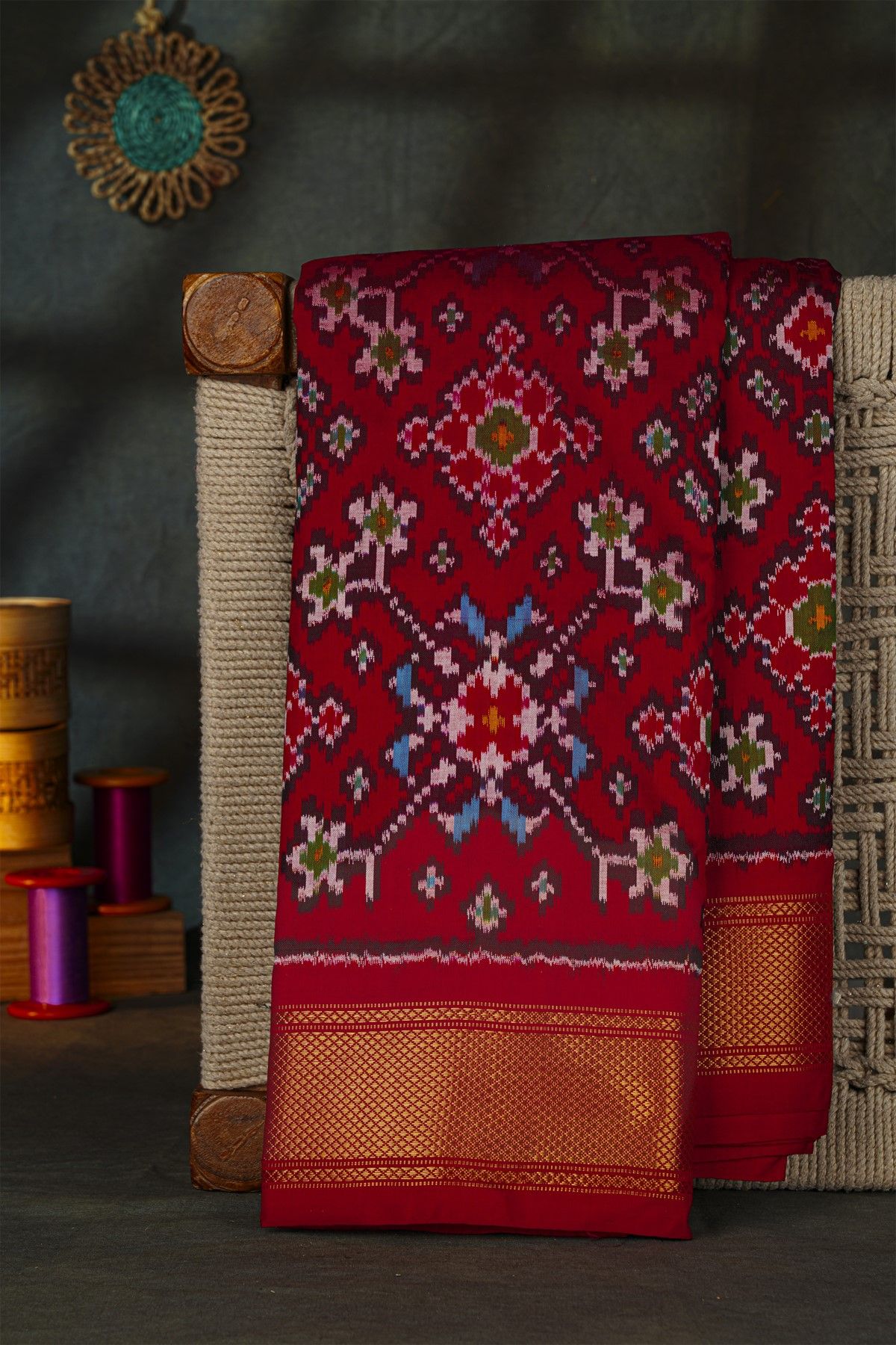 Ikat Silk Maroon Saree With Florals And Leaves Body