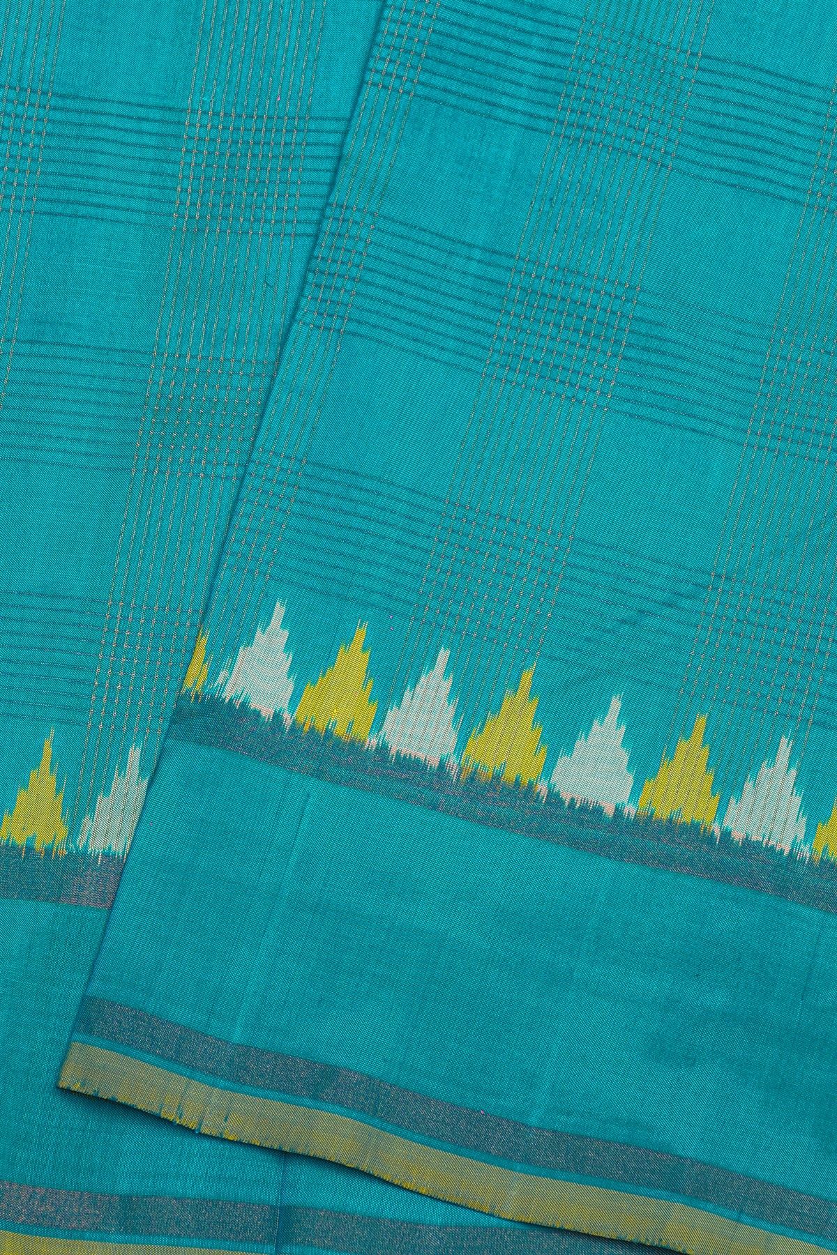 Ikat Silk Turquoise Blue Saree With Checks Body