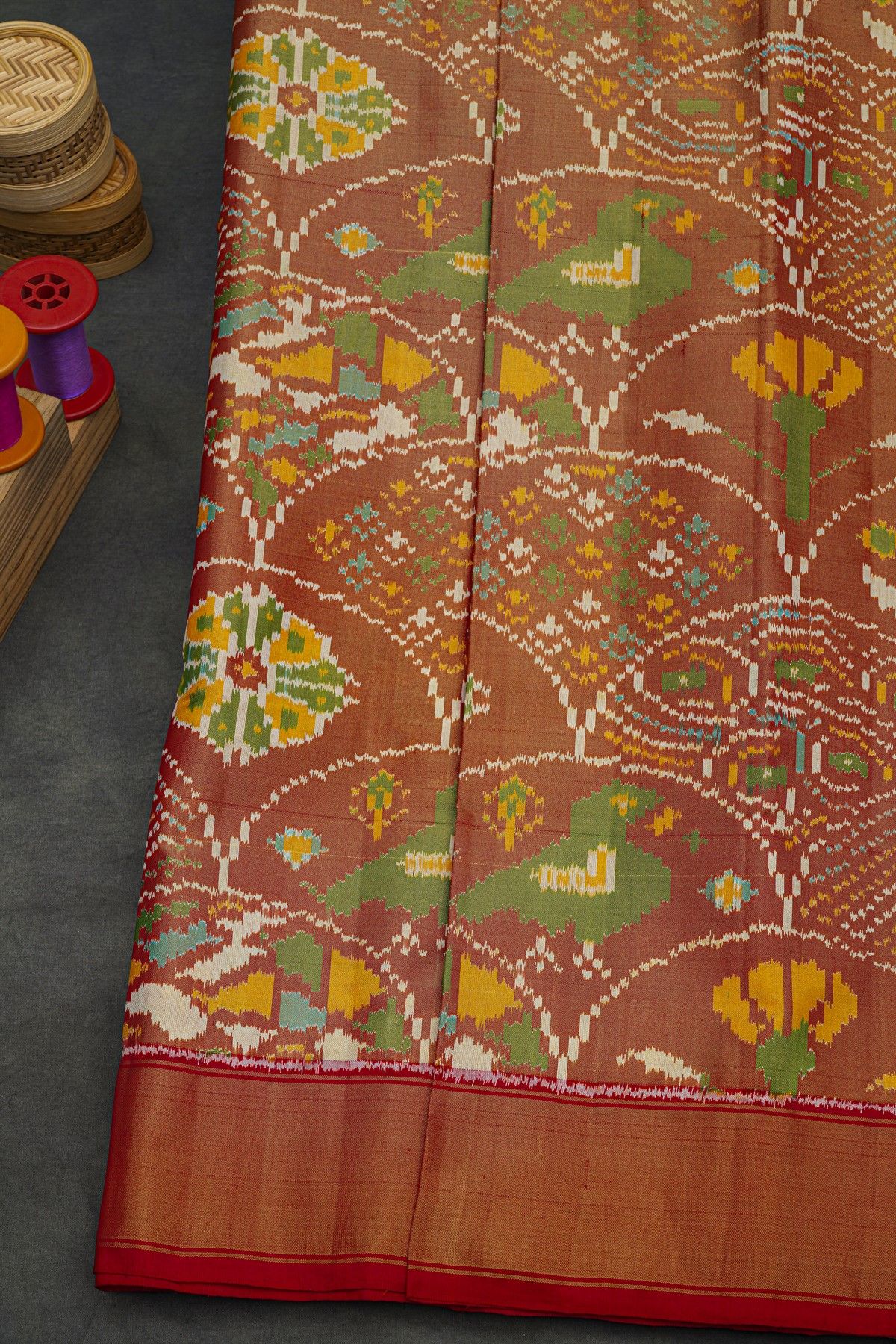 Ikat Silk Rust Orange Saree With Florals And Birds Body