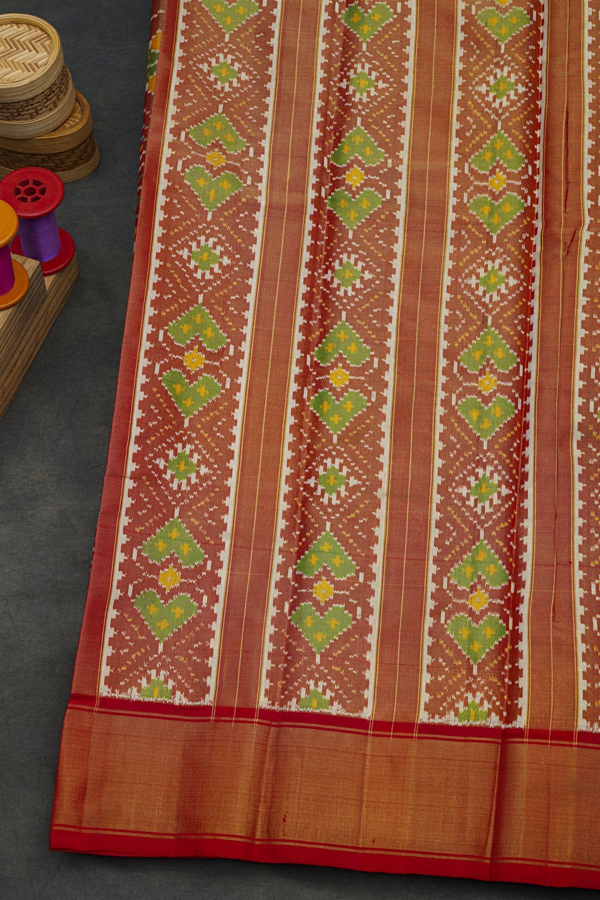 Ikat Silk Rust Orange Saree With Florals And Birds Body