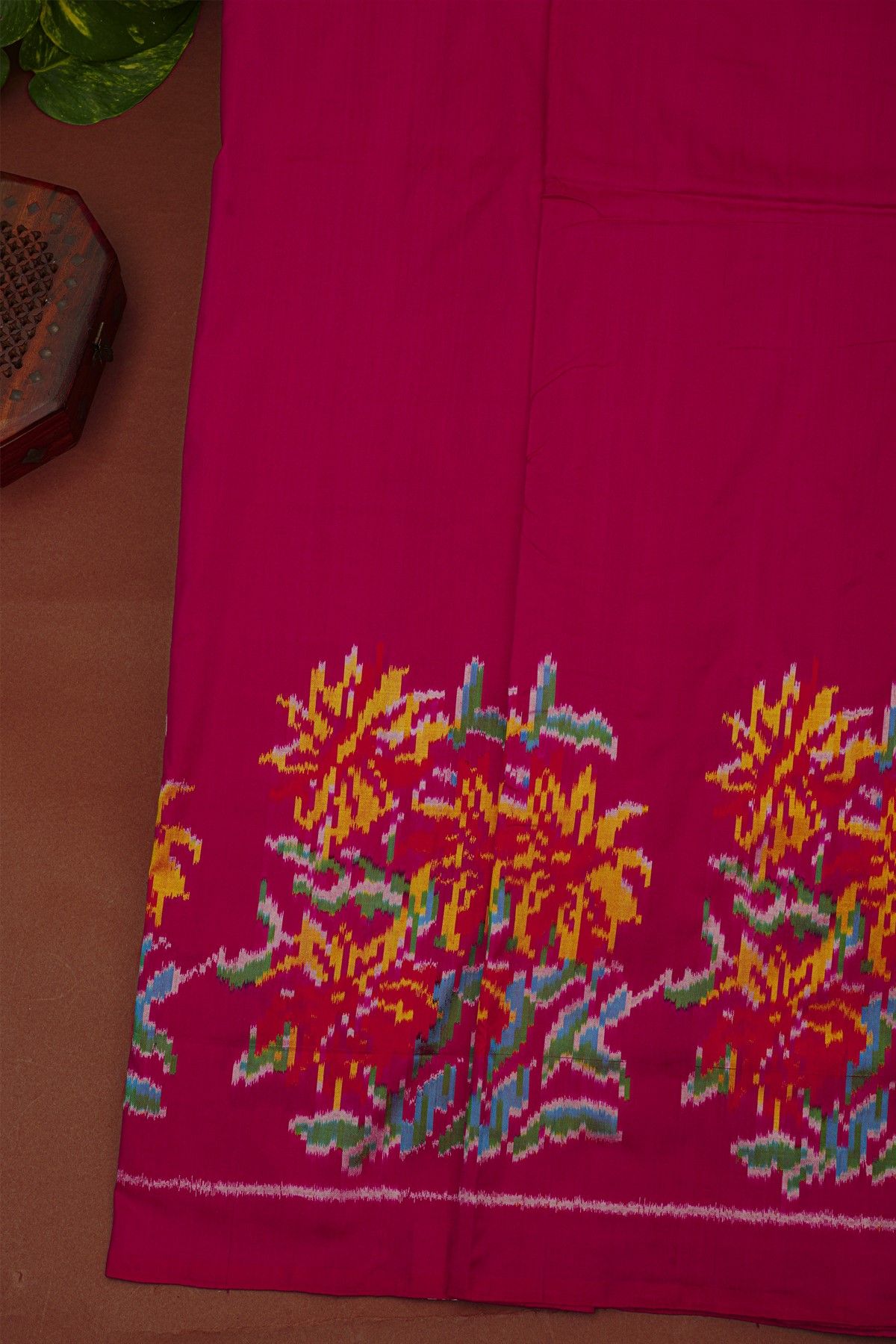 Ikat Silk Magenta Saree With Florals And Leaves Self Lines Border