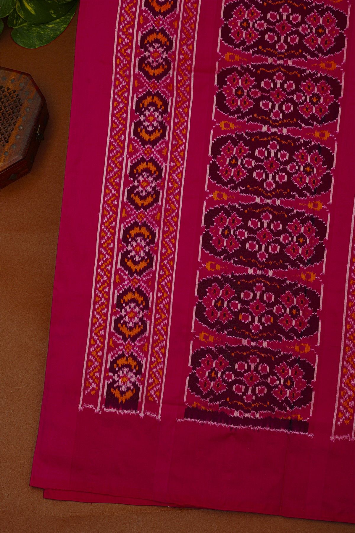 Ikat Silk Magenta Saree With Florals And Leaves Self Lines Border