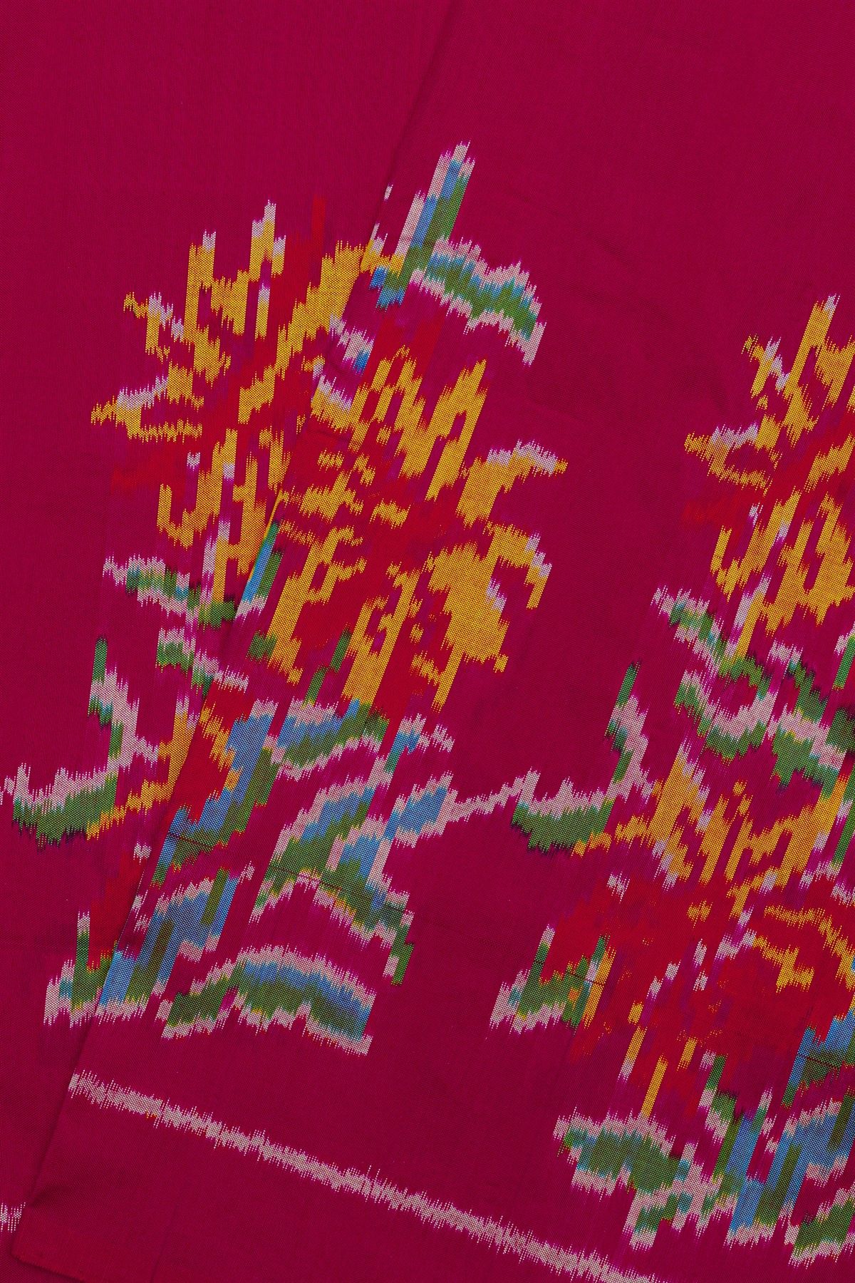 Ikat Silk Magenta Saree With Florals And Leaves Self Lines Border