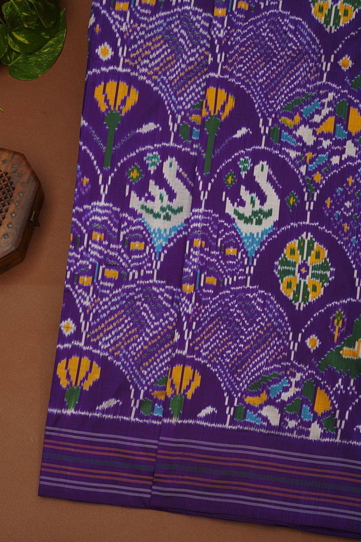 Ikat Silk Purple Saree With Florals And Swans In Curvy Designs Body