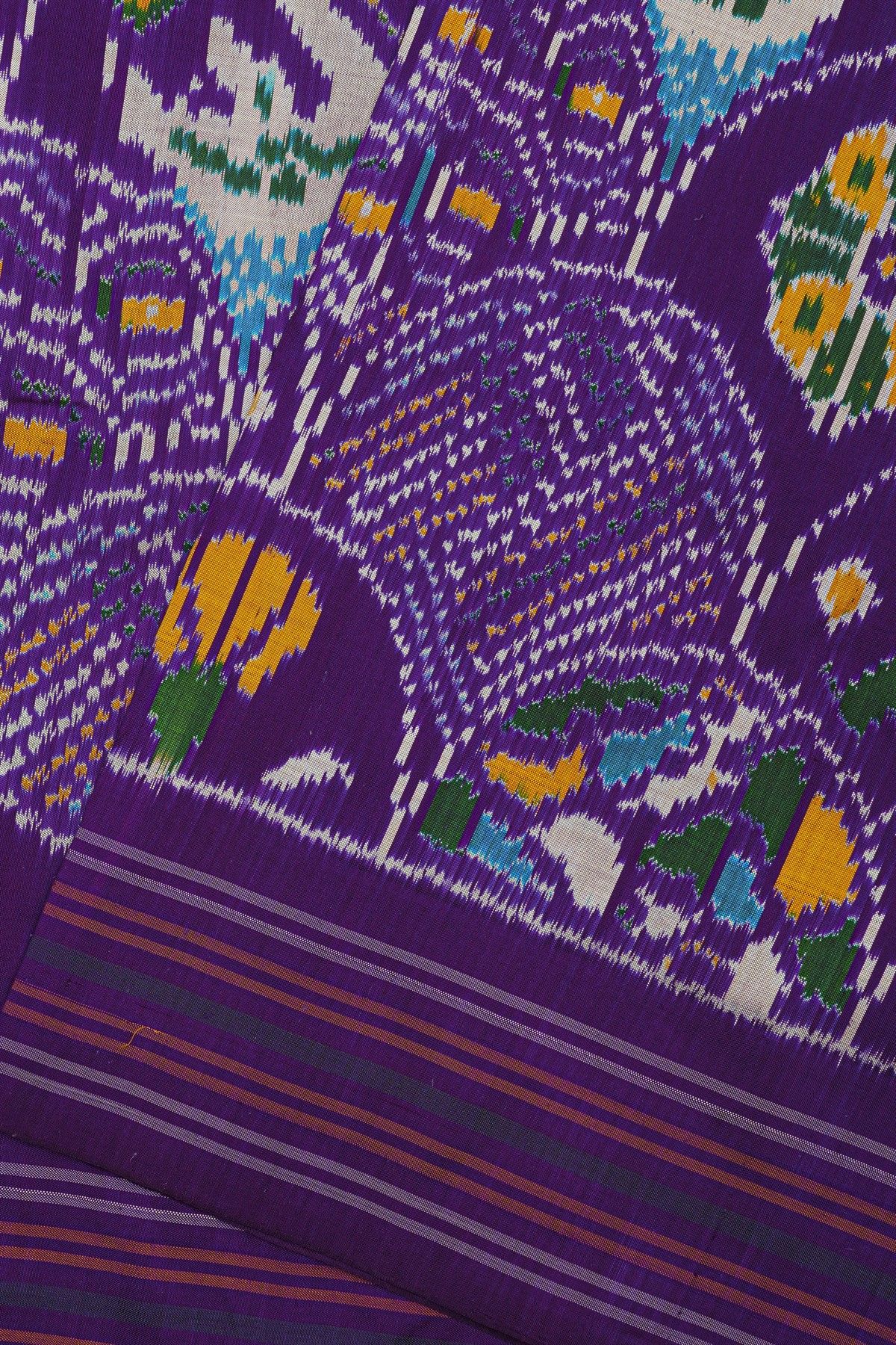 Ikat Silk Purple Saree With Florals And Swans In Curvy Designs Body
