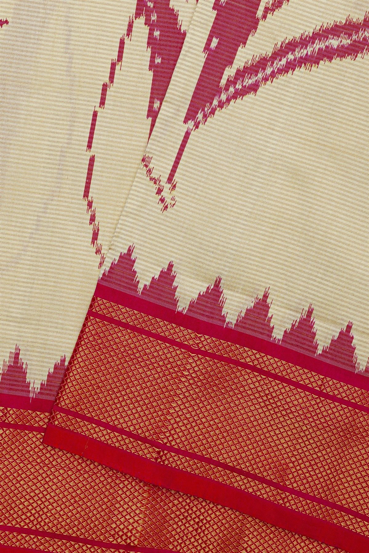 Ikat Silk Cream Saree With Florals And Leaves In Ikat Design Body