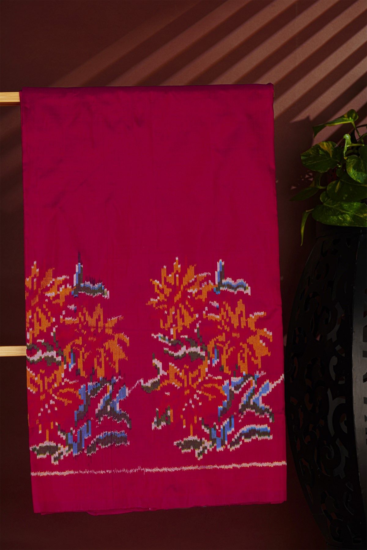 Ikat Silk Magenta Saree With Multicolor Floral Motif Border