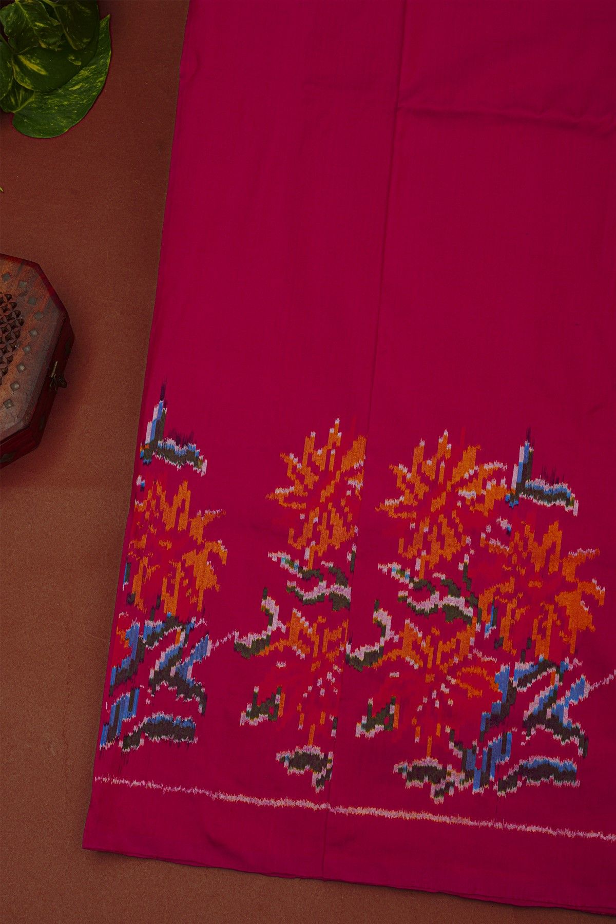 Ikat Silk Magenta Saree With Multicolor Floral Motif Border