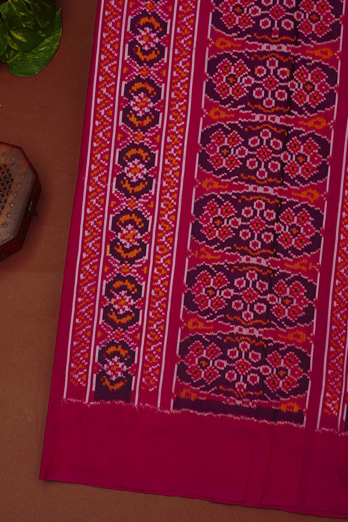 Ikat Silk Magenta Saree With Multicolor Floral Motif Border