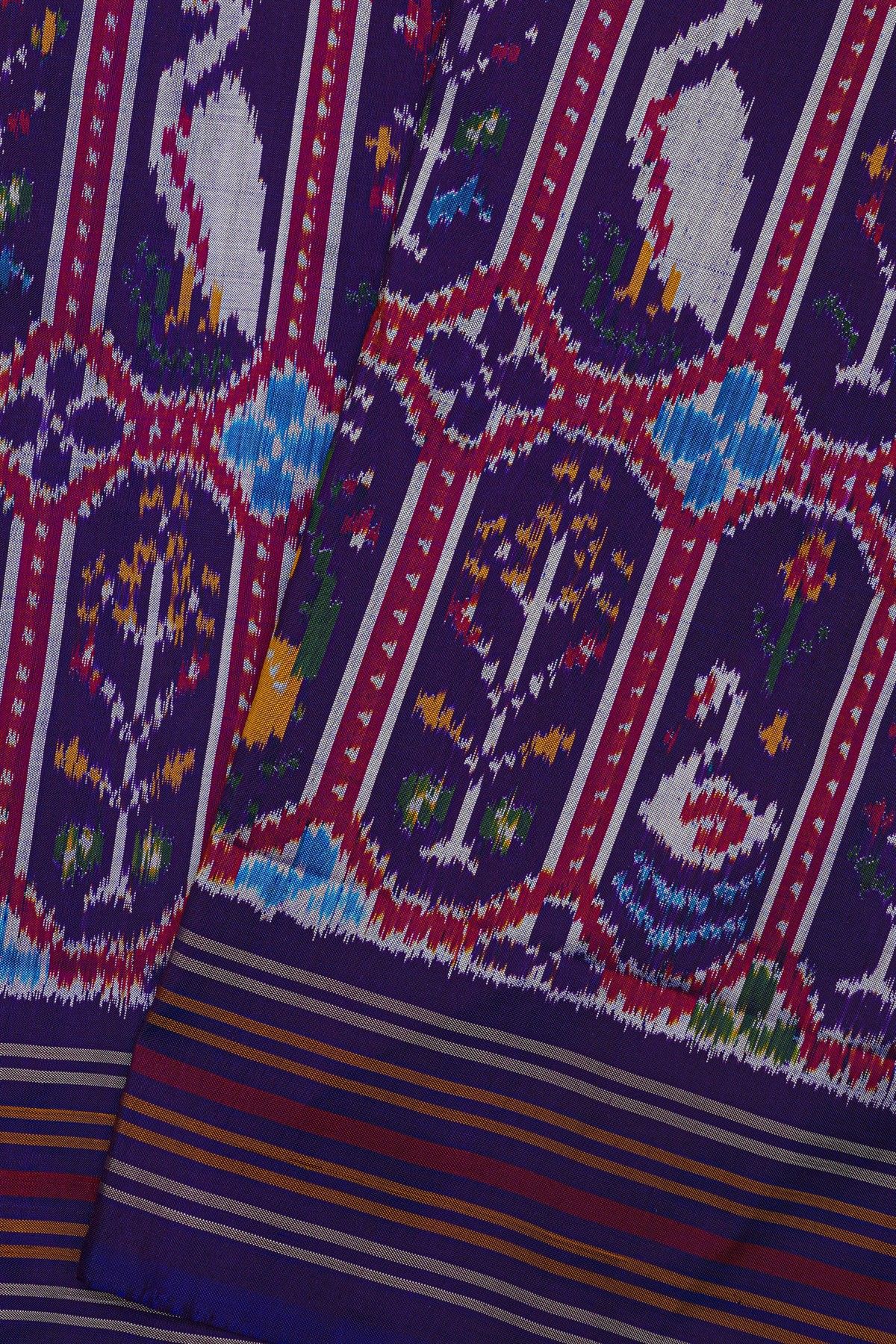 Ikat Silk Navy Blue Saree With Florals And Swans In Ikat Design Body