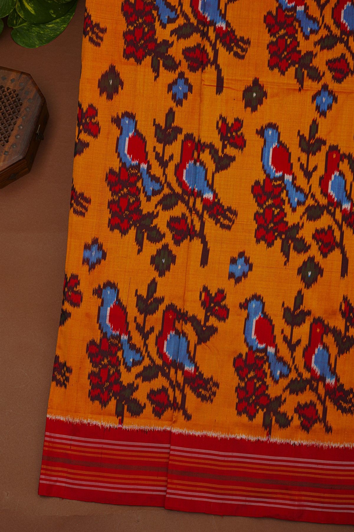 Ikat Silk Orange Saree With Florals And Birds In Ikat Design Body
