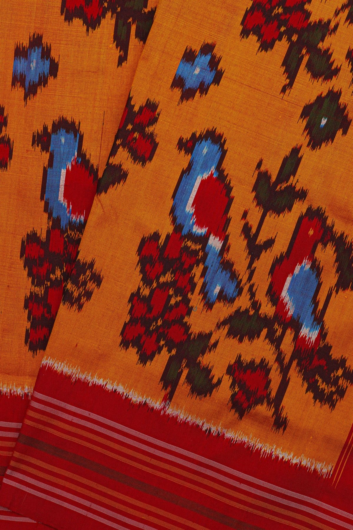 Ikat Silk Orange Saree With Florals And Birds In Ikat Design Body