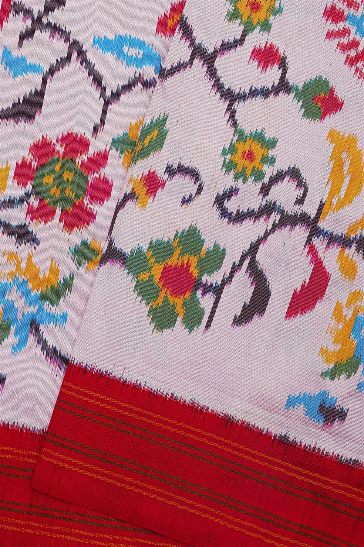 Ikat Silk Off White Saree With Florals And Leaves In Ikat Design Body