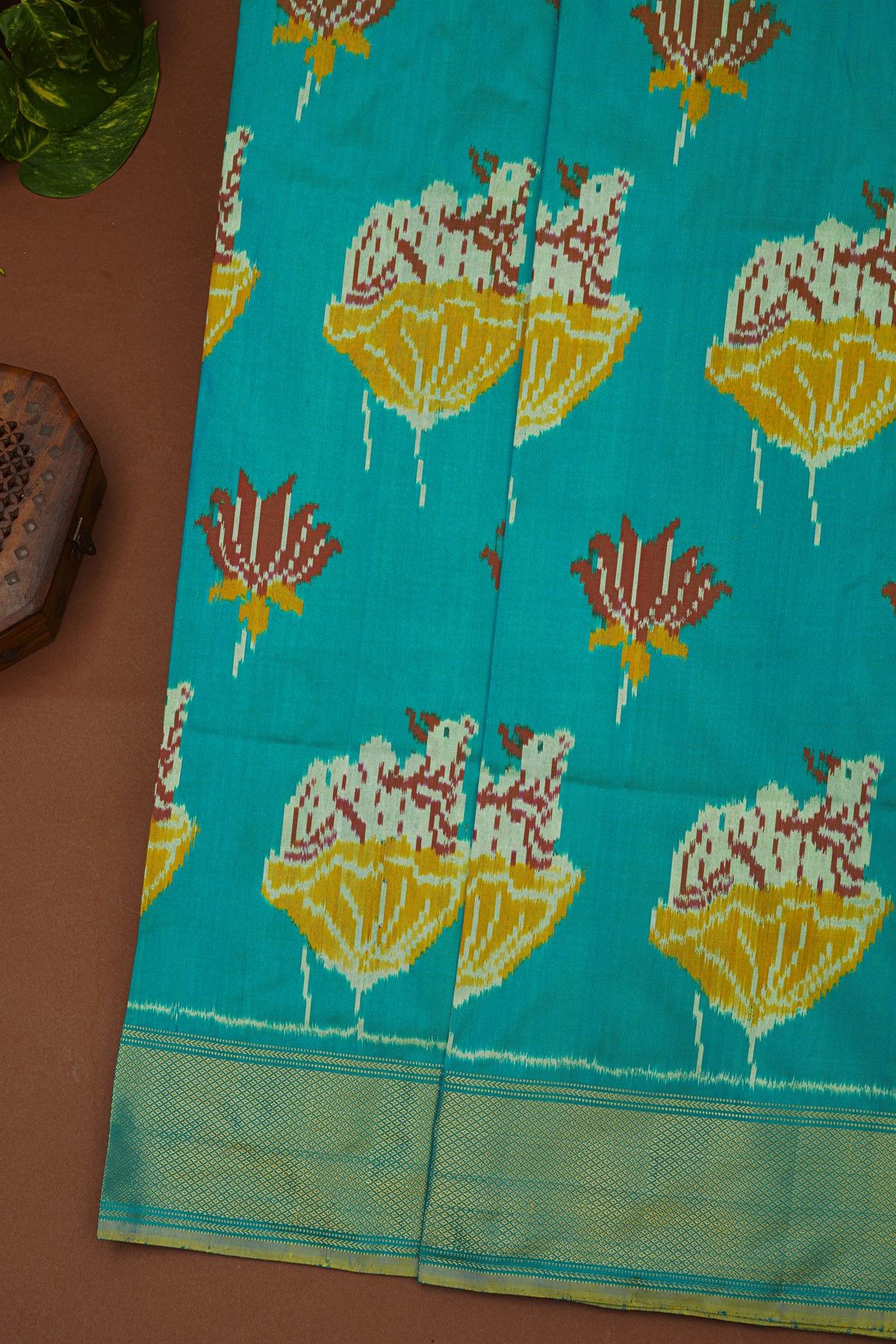 Ikat Silk Sky Blue Saree With Florals And Cows In Ikat Design Body