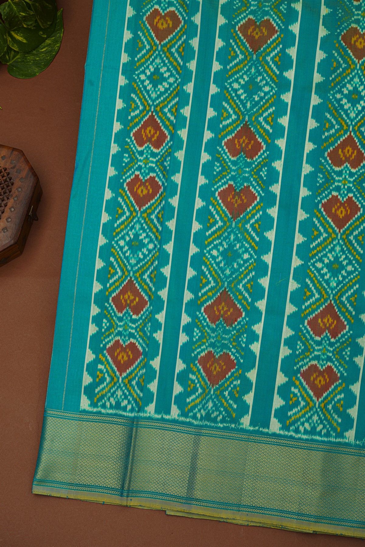 Ikat Silk Sky Blue Saree With Florals And Cows In Ikat Design Body