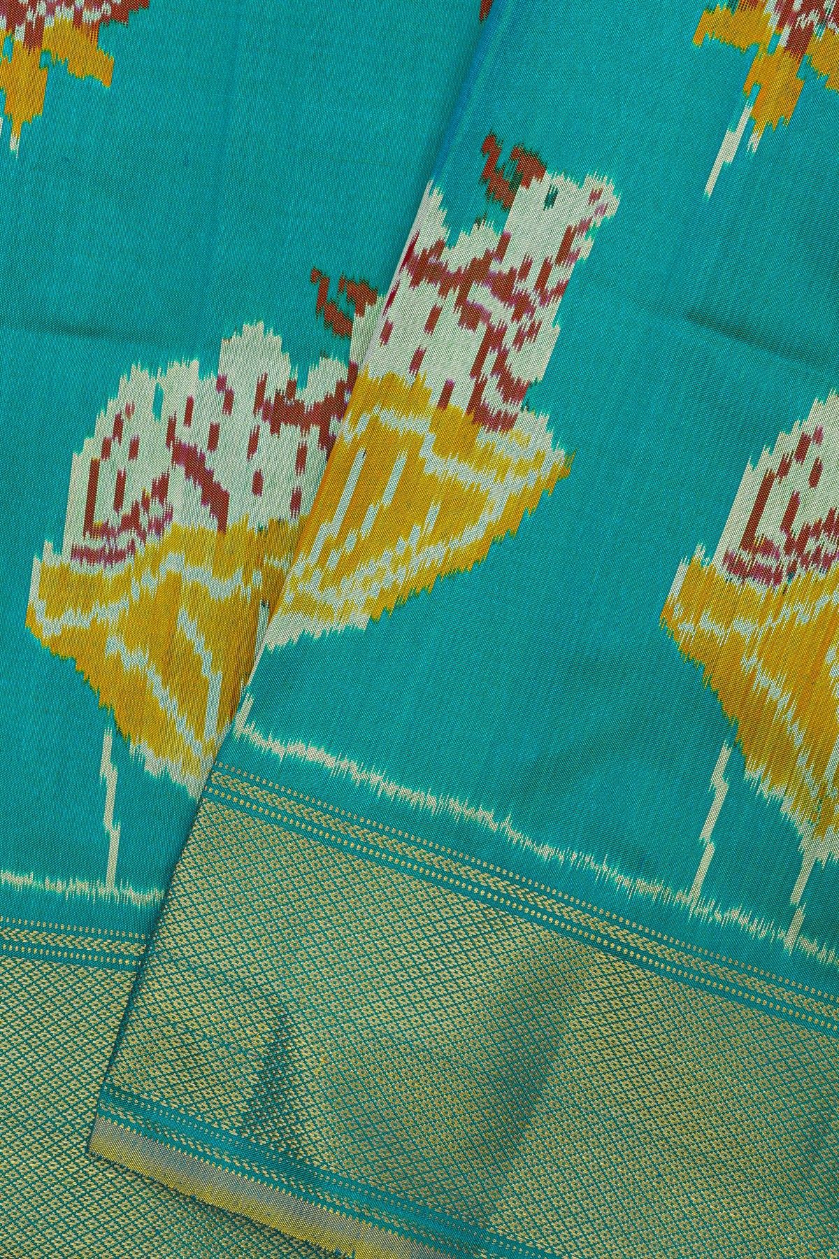 Ikat Silk Sky Blue Saree With Florals And Cows In Ikat Design Body