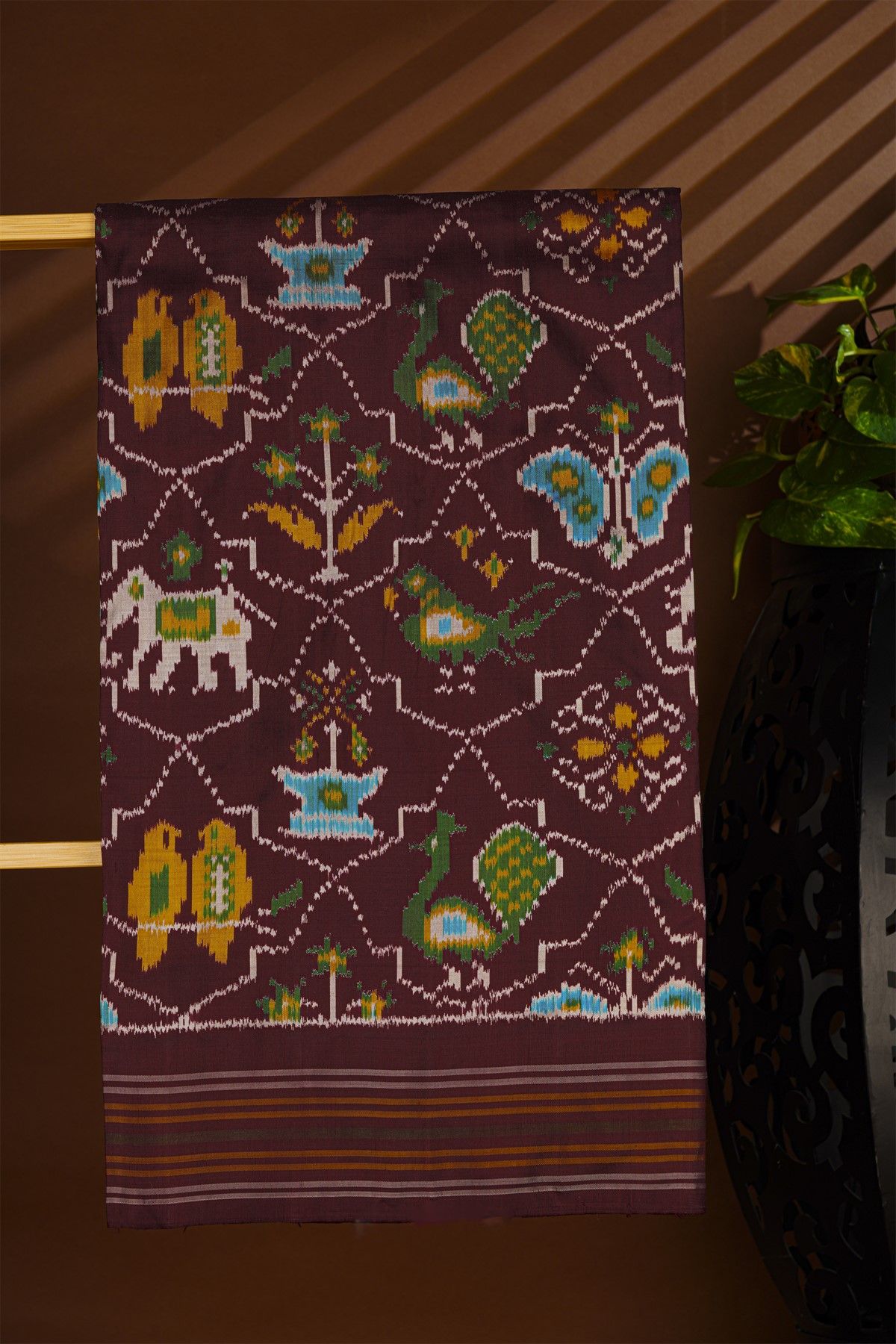 Ikat Silk Brown Saree With Florals And Birds In Ikat Design Body