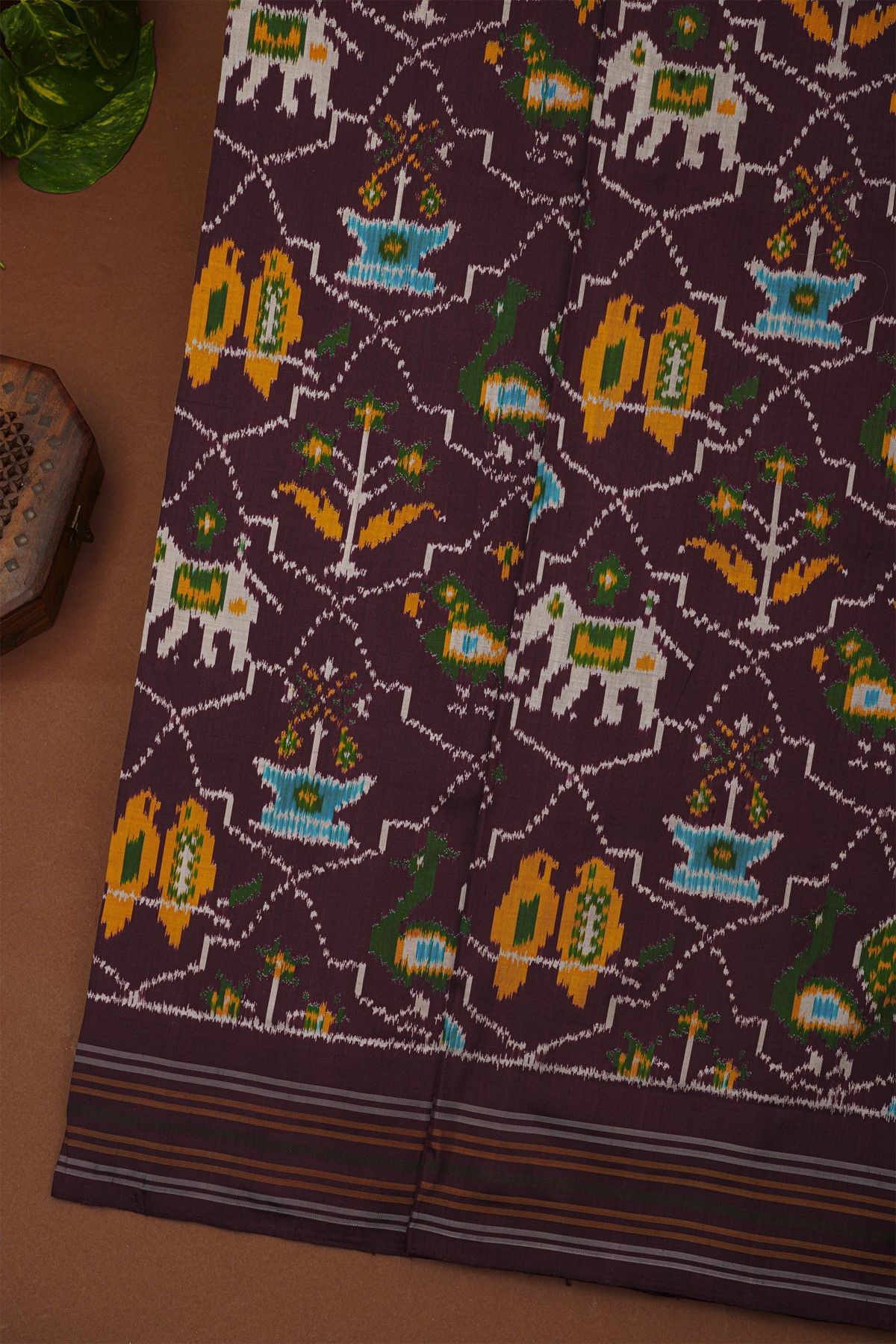 Ikat Silk Brown Saree With Florals And Birds In Ikat Design Body
