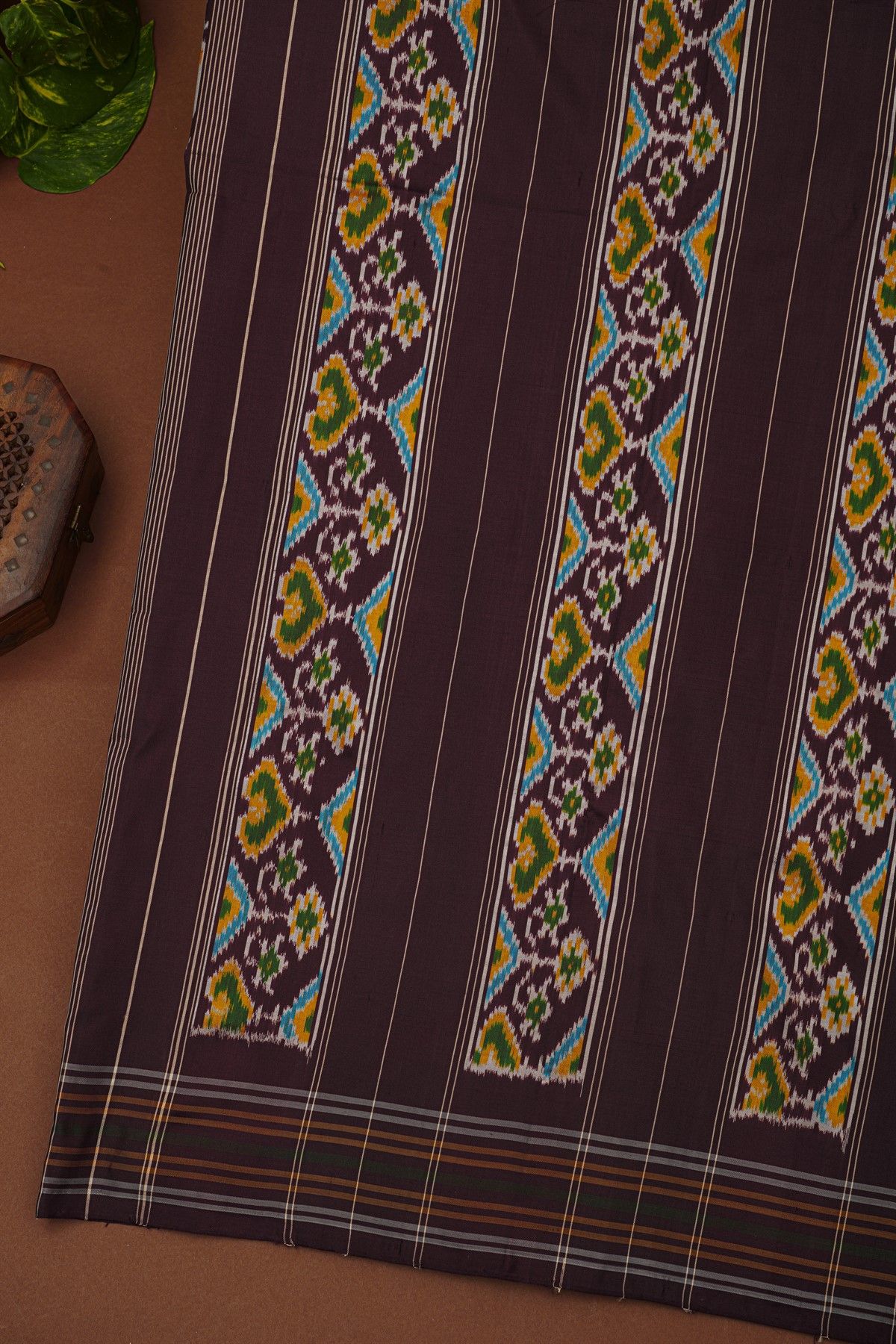 Ikat Silk Brown Saree With Florals And Birds In Ikat Design Body