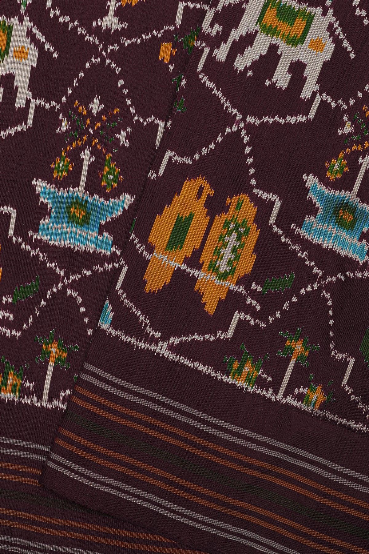 Ikat Silk Brown Saree With Florals And Birds In Ikat Design Body