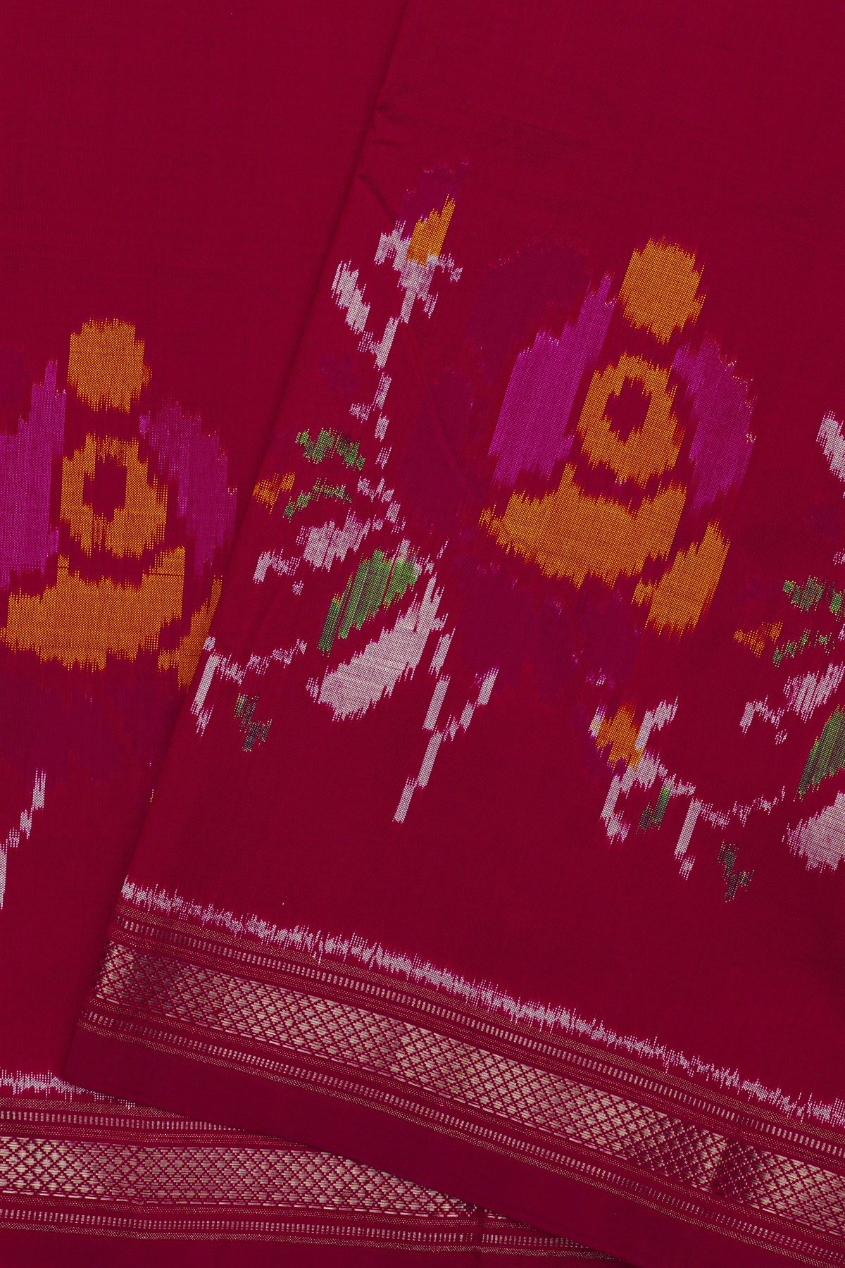 Ikat Silk Magenta Saree With Multicolor Floral Motif Border And Zari Stripes
