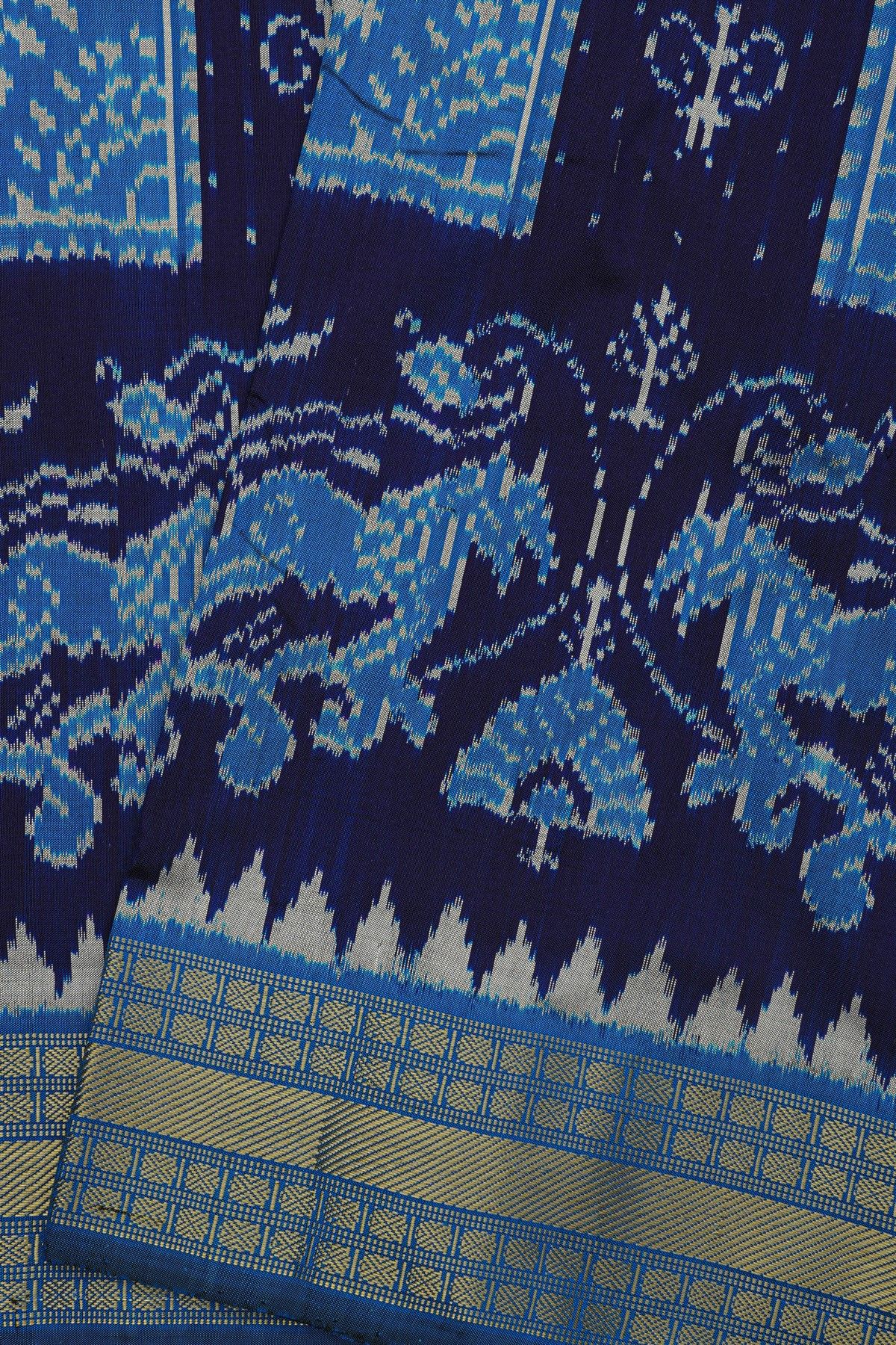 Ikat Silk Navy Blue Saree With Florals And Animals In Ikat Design Body