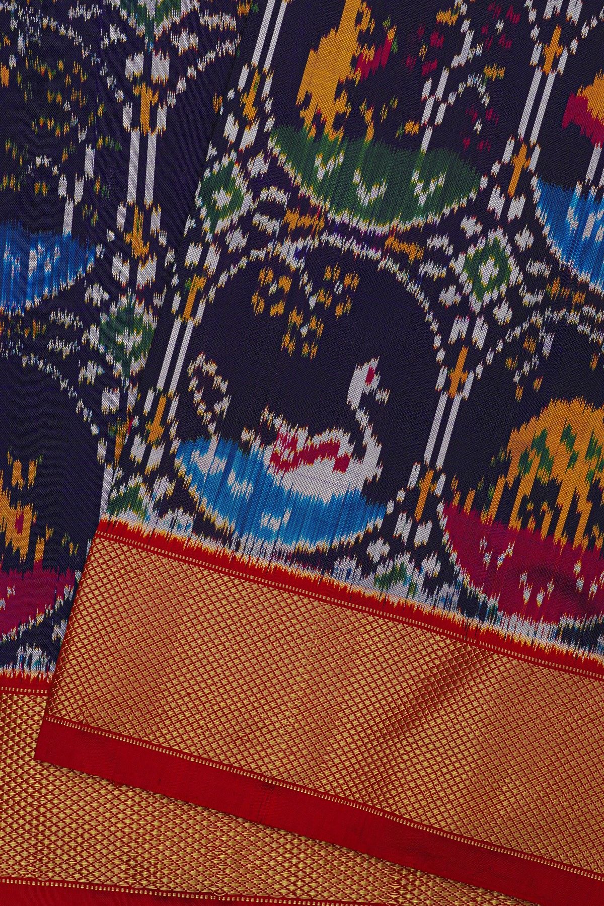 Ikat Silk Navy Blue Saree With Florals And Animals In Circles Body
