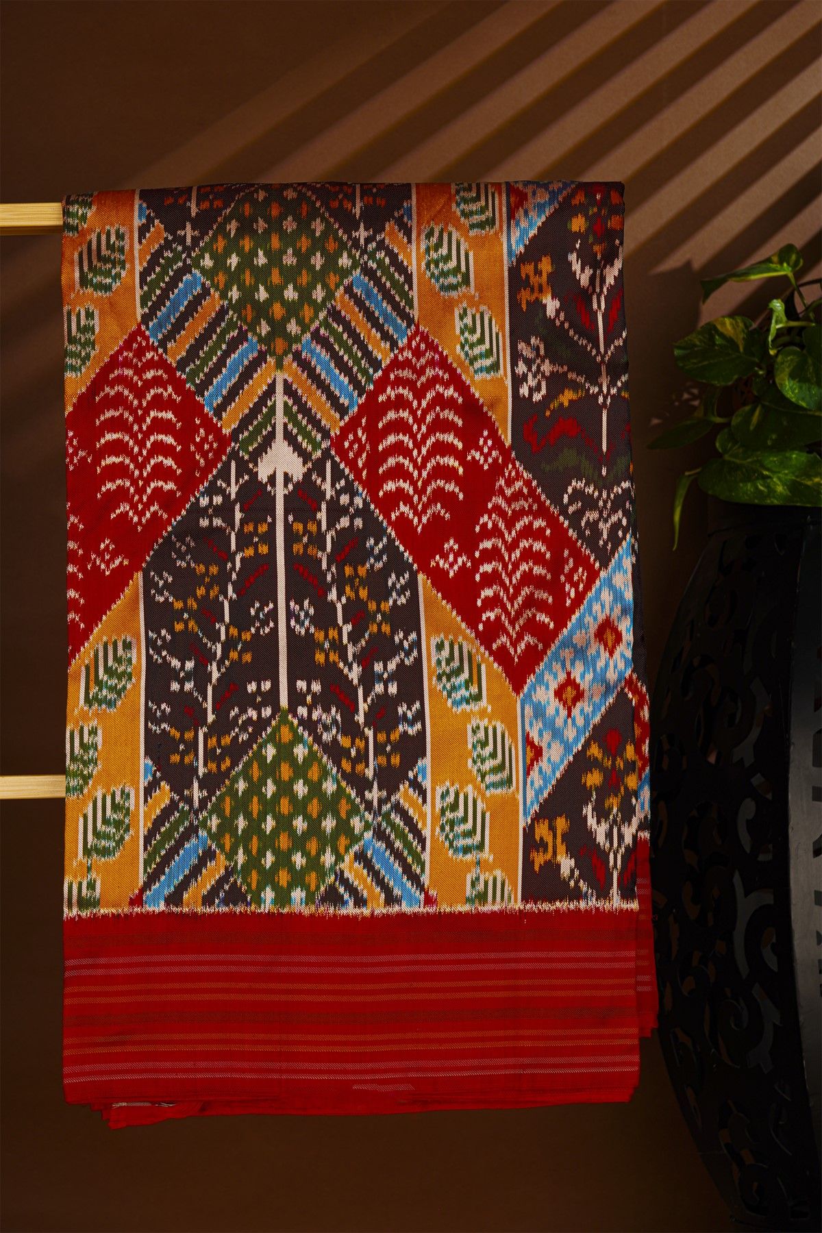 Ikat Silk Multi-Colour Saree With Florals And Diamonds In Ikat Design Body