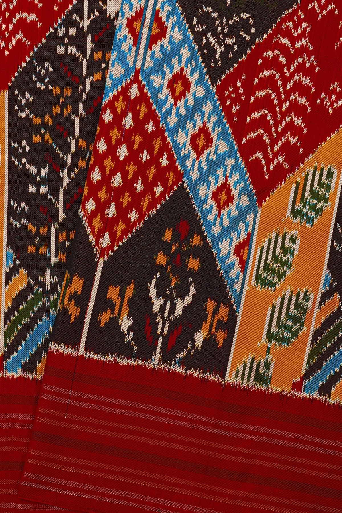 Ikat Silk Multi-Colour Saree With Florals And Diamonds In Ikat Design Body