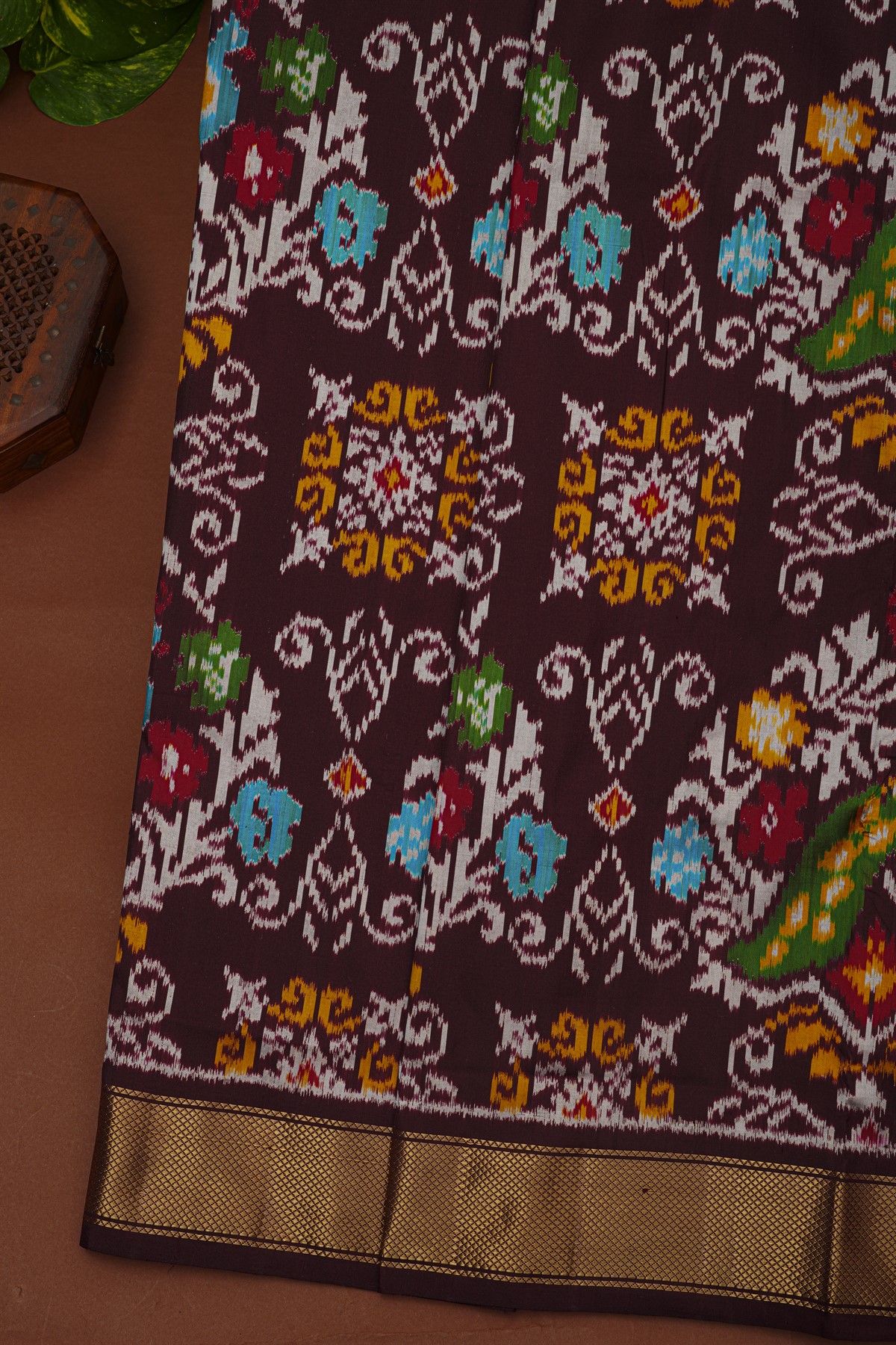 Ikat Silk Brown Saree With Florals And Leaves In Ikat Design Body
