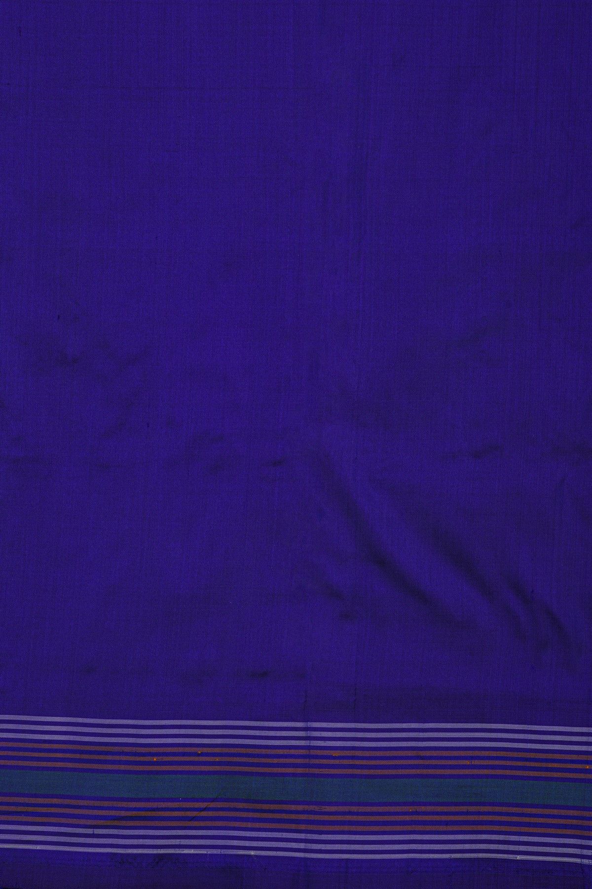 Ikat Silk Royal Blue Saree With Multicolor Floral Animal Motifs And Striped Border