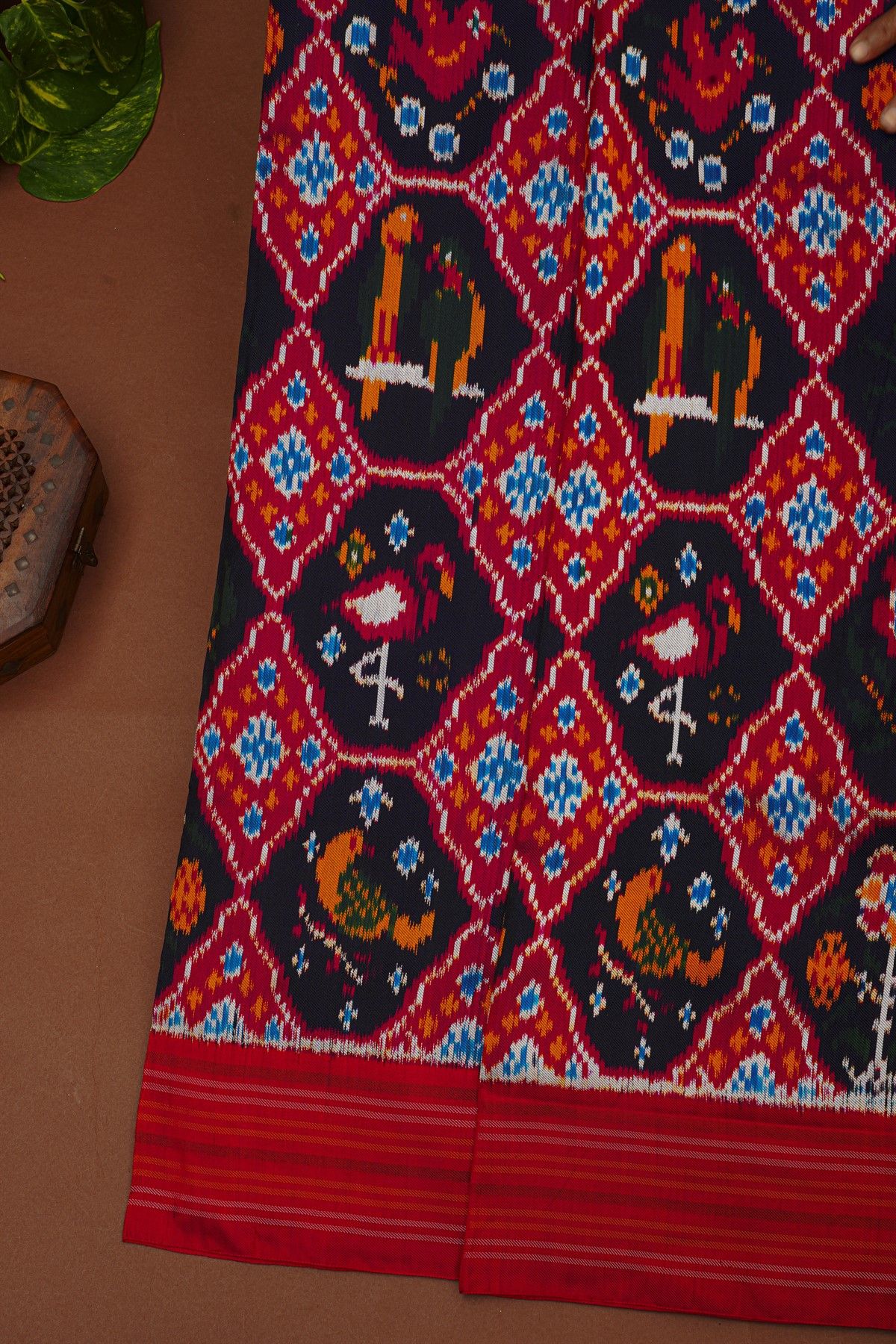Ikat Silk Multi-Colour Saree With Florals And Swan Birds In Ikat Design Body
