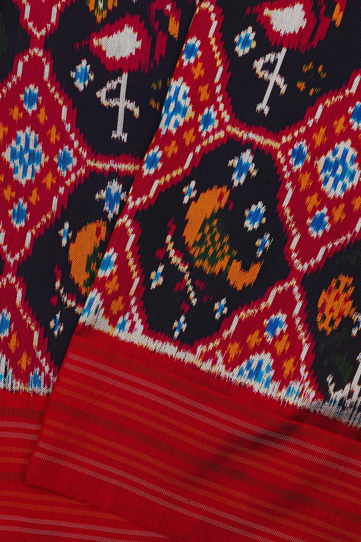 Ikat Silk Multi-Colour Saree With Florals And Swan Birds In Ikat Design Body