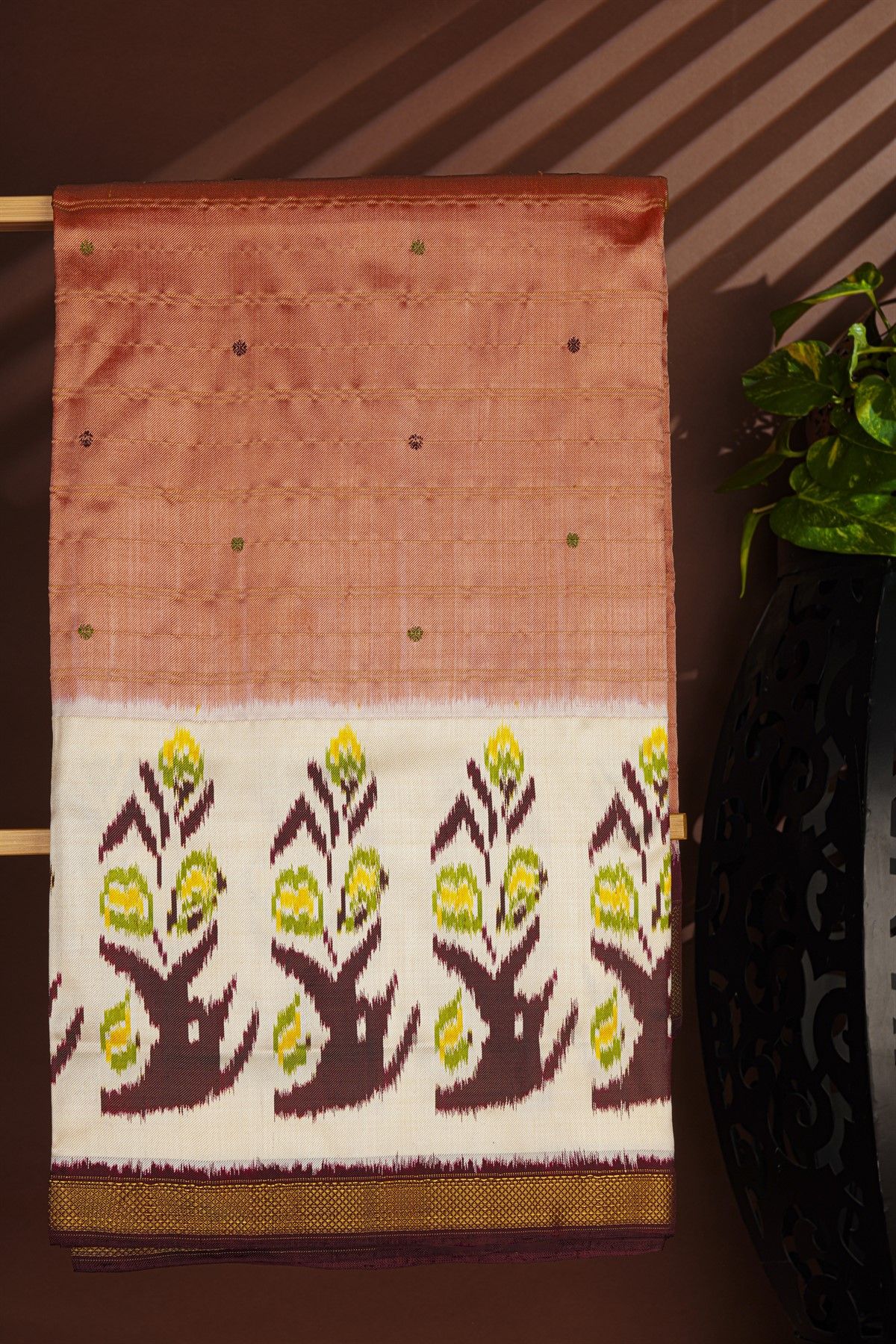 Ikat Silk Dual Colour Saree With Florals And Leaves In Ikat Design Body