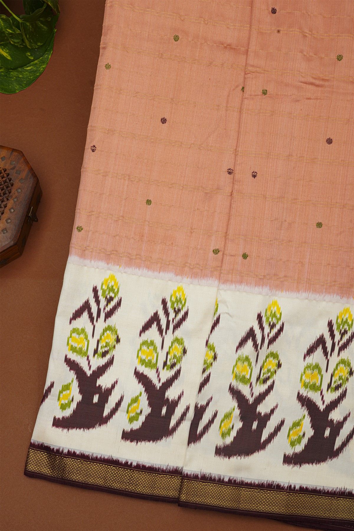 Ikat Silk Dual Colour Saree With Florals And Leaves In Ikat Design Body