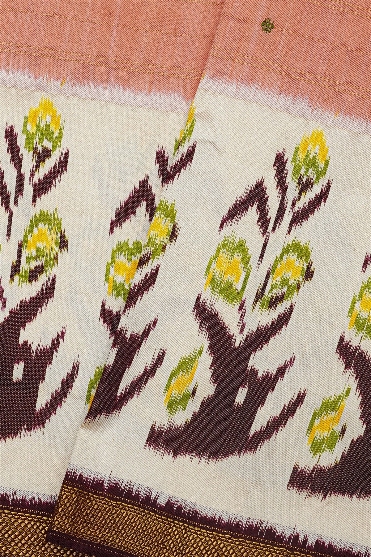Ikat Silk Dual Colour Saree With Florals And Leaves In Ikat Design Body