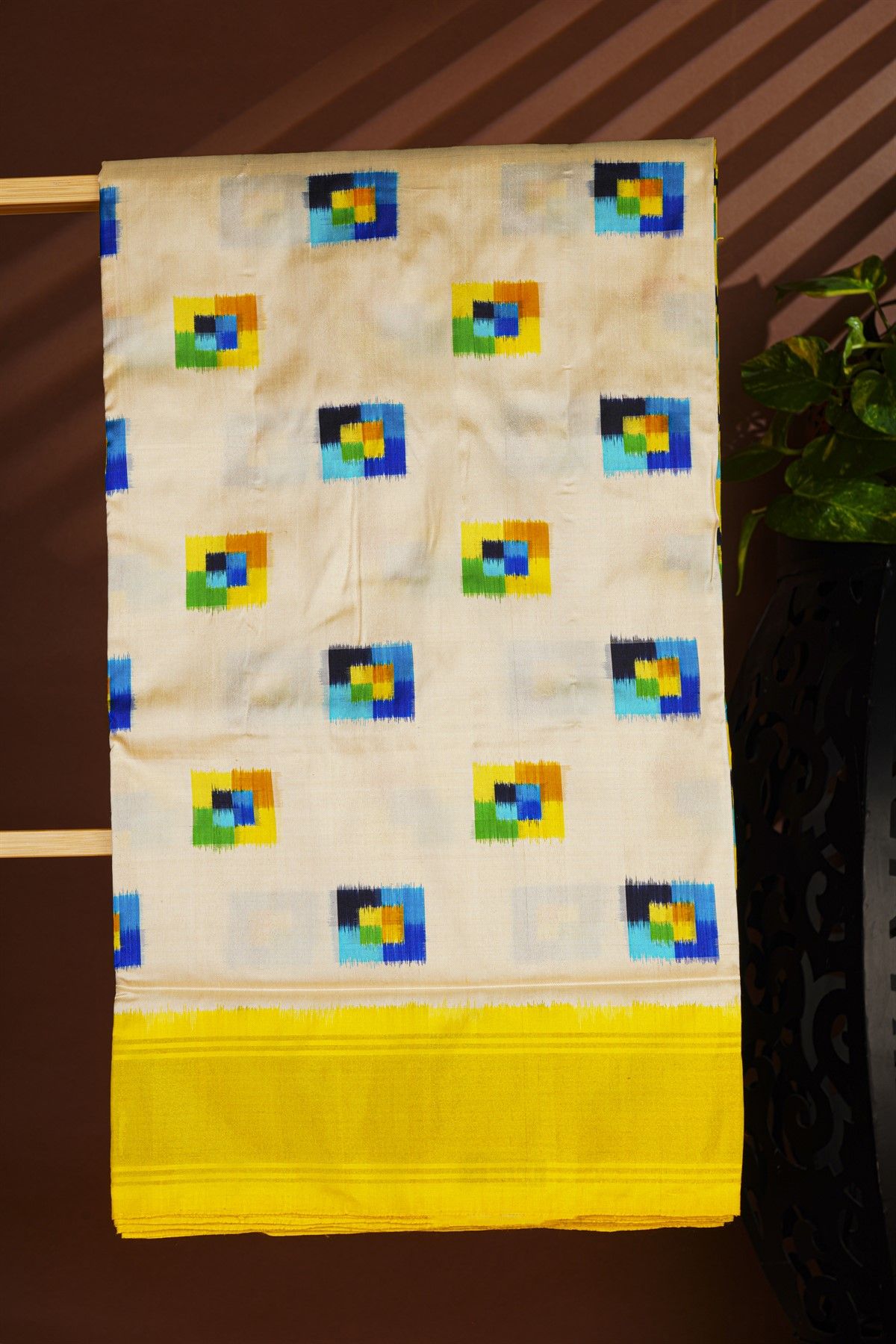Ikat Silk Cream Saree With Florals In Boxes Body