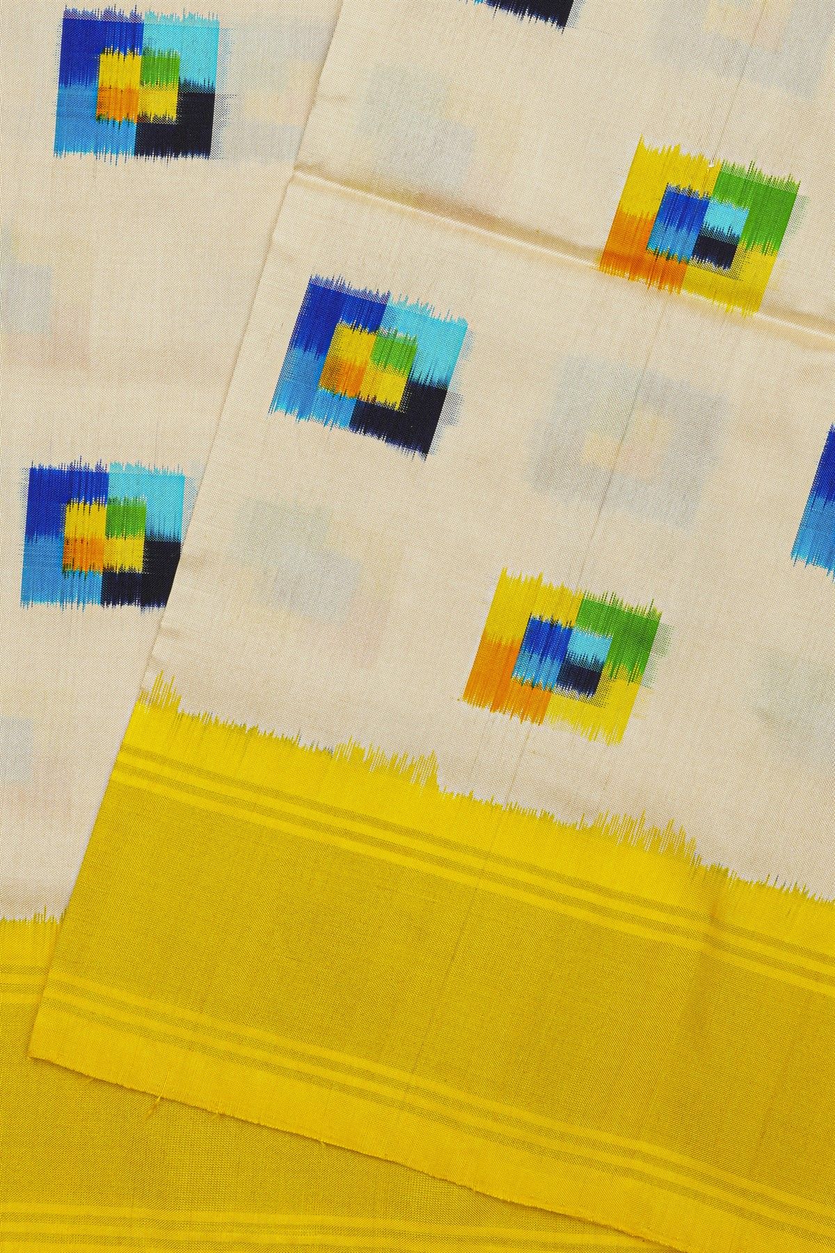 Ikat Silk Cream Saree With Florals In Boxes Body