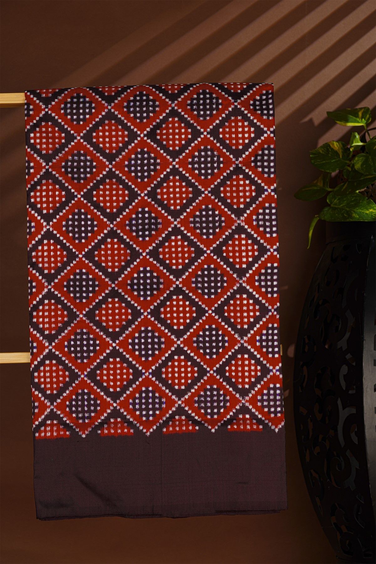 Ikat Silk Multi-Colour Saree With Geometric Diamond Pattern And Black Border