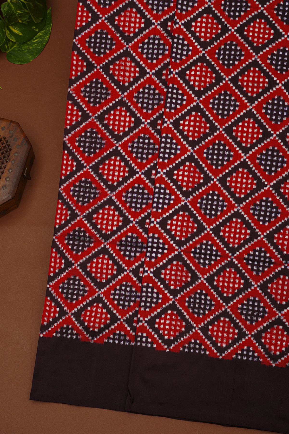 Ikat Silk Multi-Colour Saree With Geometric Diamond Pattern And Black Border