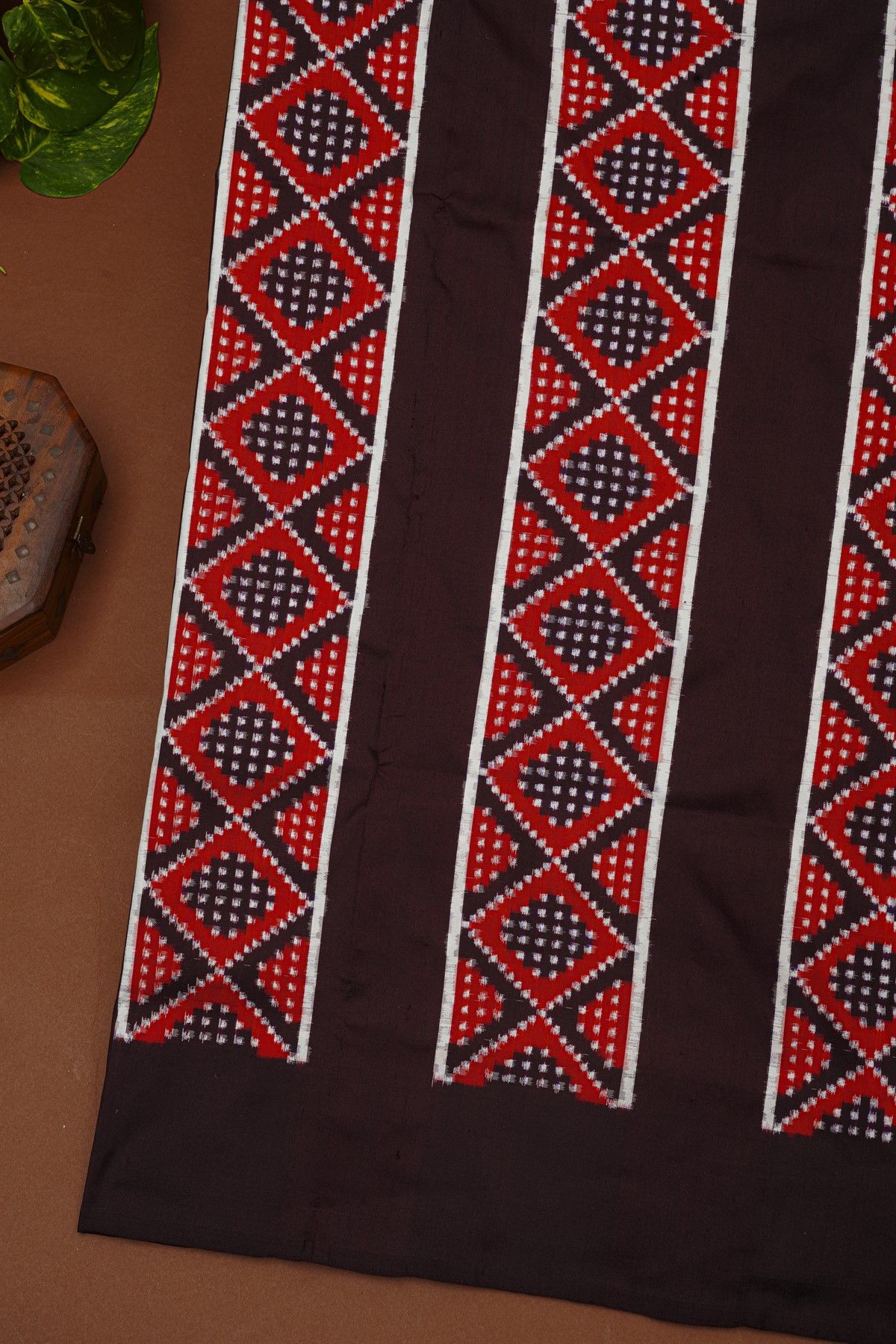 Ikat Silk Multi-Colour Saree With Geometric Diamond Pattern And Black Border