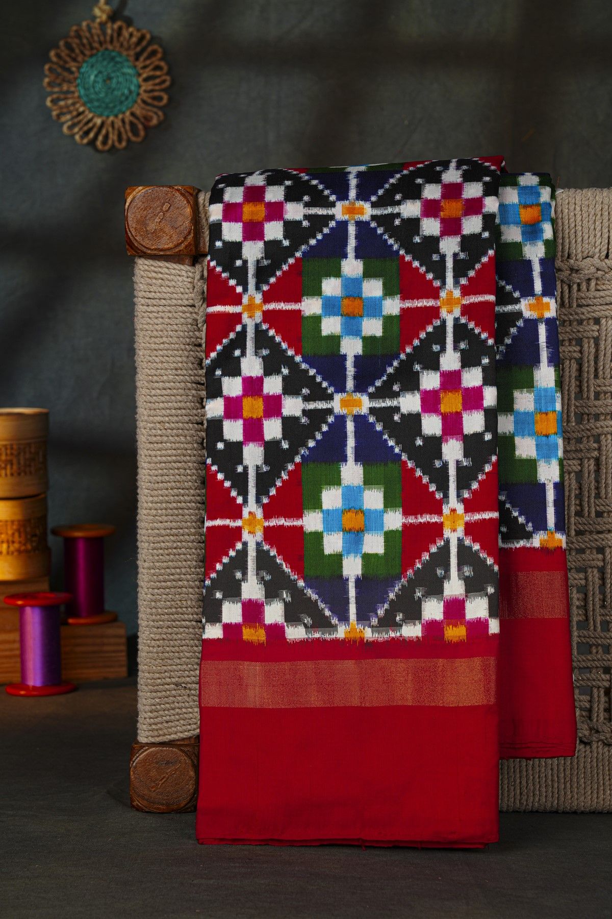 Ikat Silk Multi-Colour Saree With Geometric Diamond Motifs