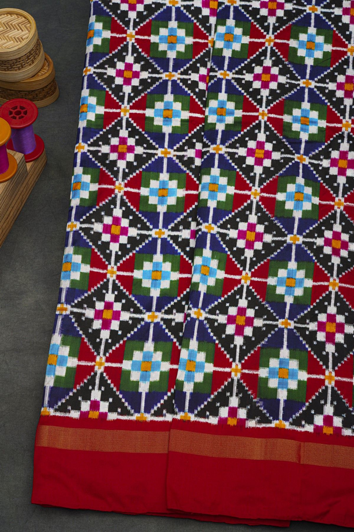 Ikat Silk Multi-Colour Saree With Geometric Diamond Motifs