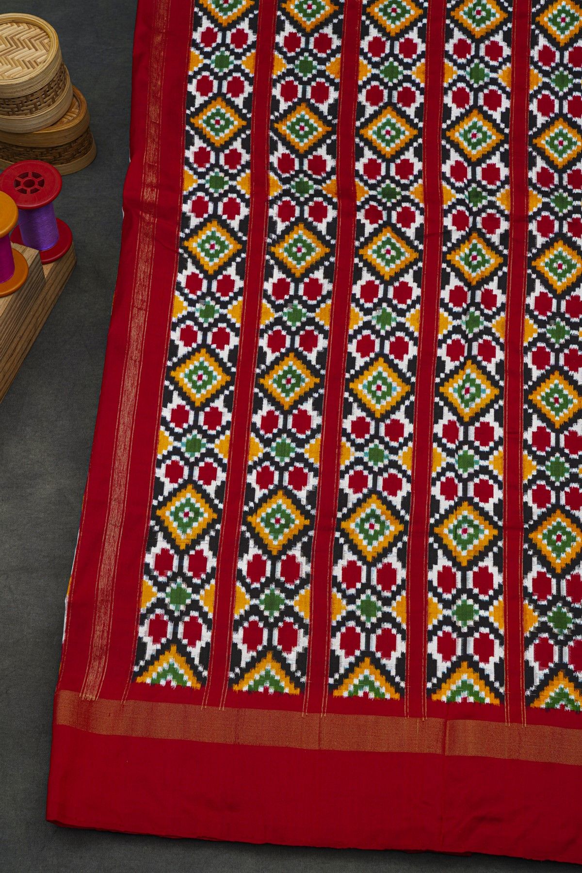 Ikat Silk Multi-Colour Saree With Geometric Diamond Motifs